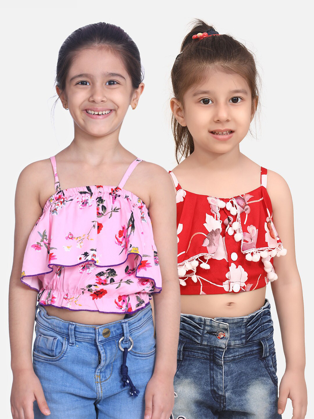 

Cutiekins Pink & Red Pack of 2 Floral Ruffles Crepe A-Line Crop Top