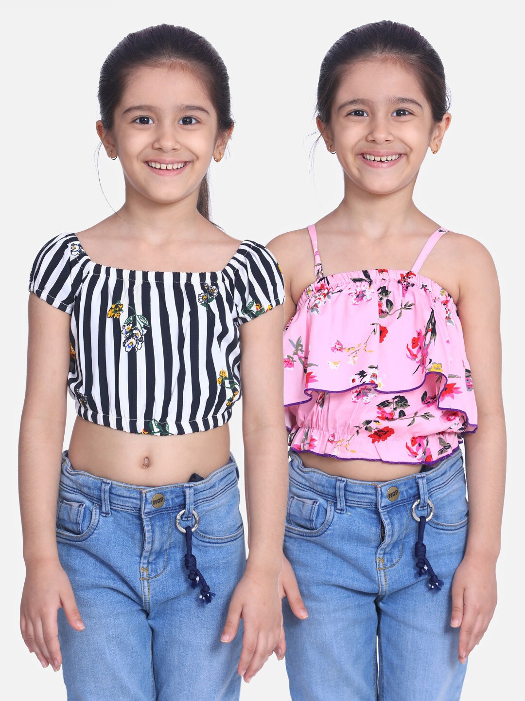 

Cutiekins Girls White Striped Ruffles Pack of 2 Crepe Blouson Crop Top