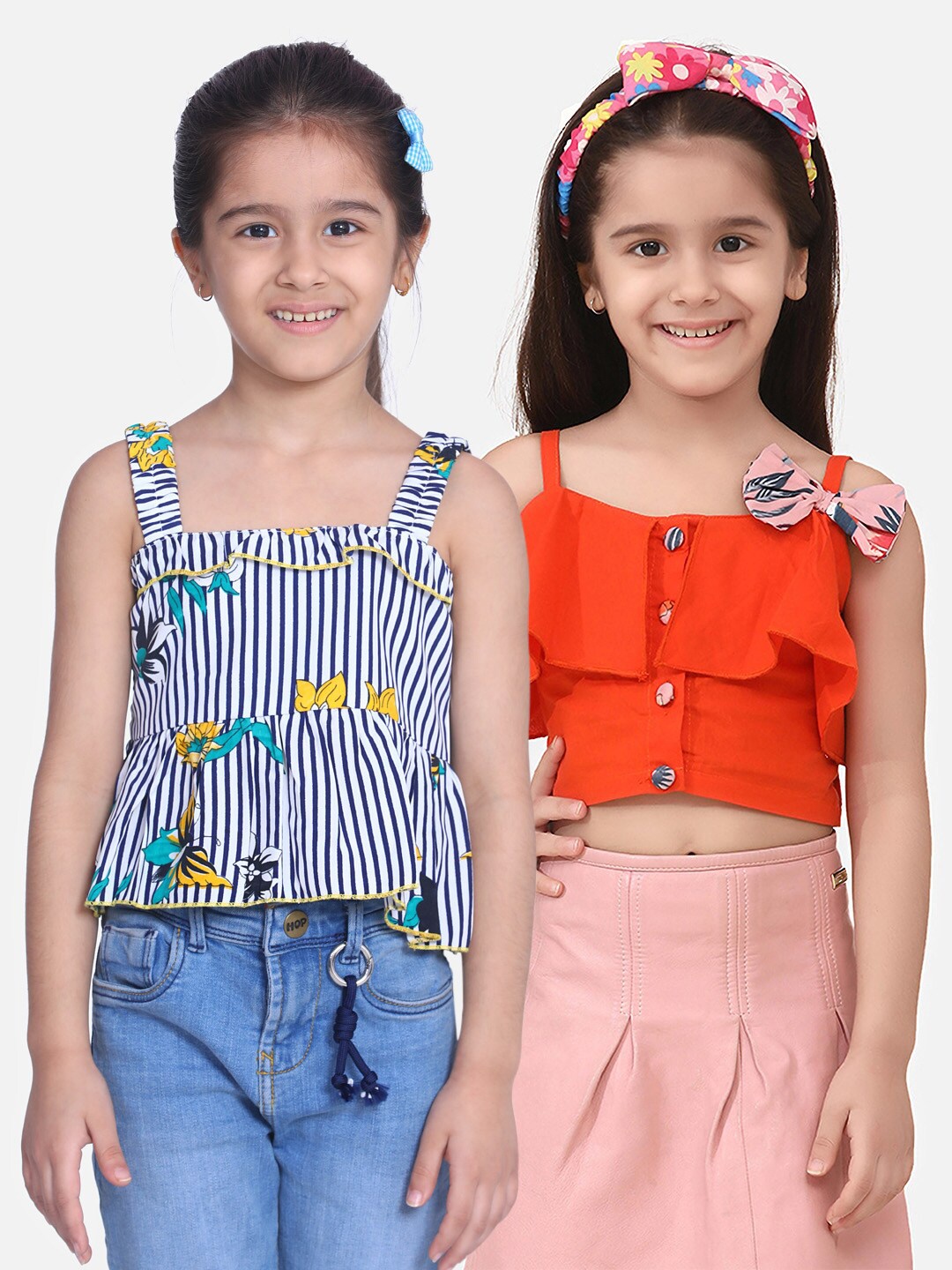 

Cutiekins Black & Orange Striped Ruffles Crepe Regular Crop Top