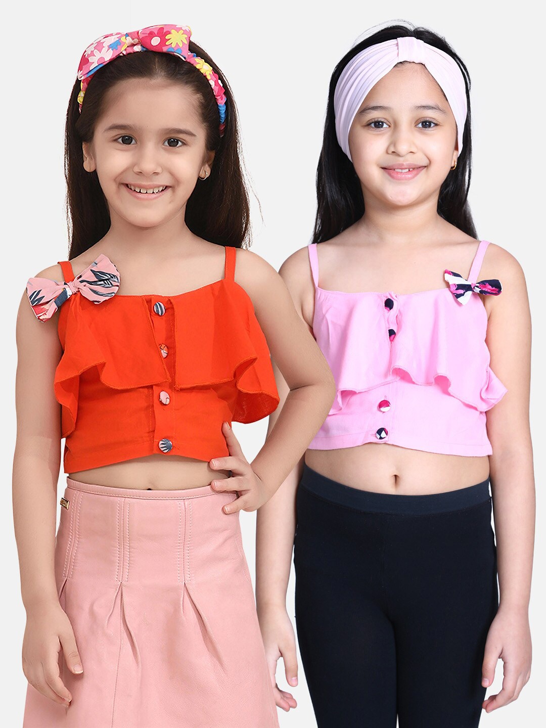 

Cutiekins Pack Of 2 Orange & Pink Ruffles Crepe Fitted Crop Top