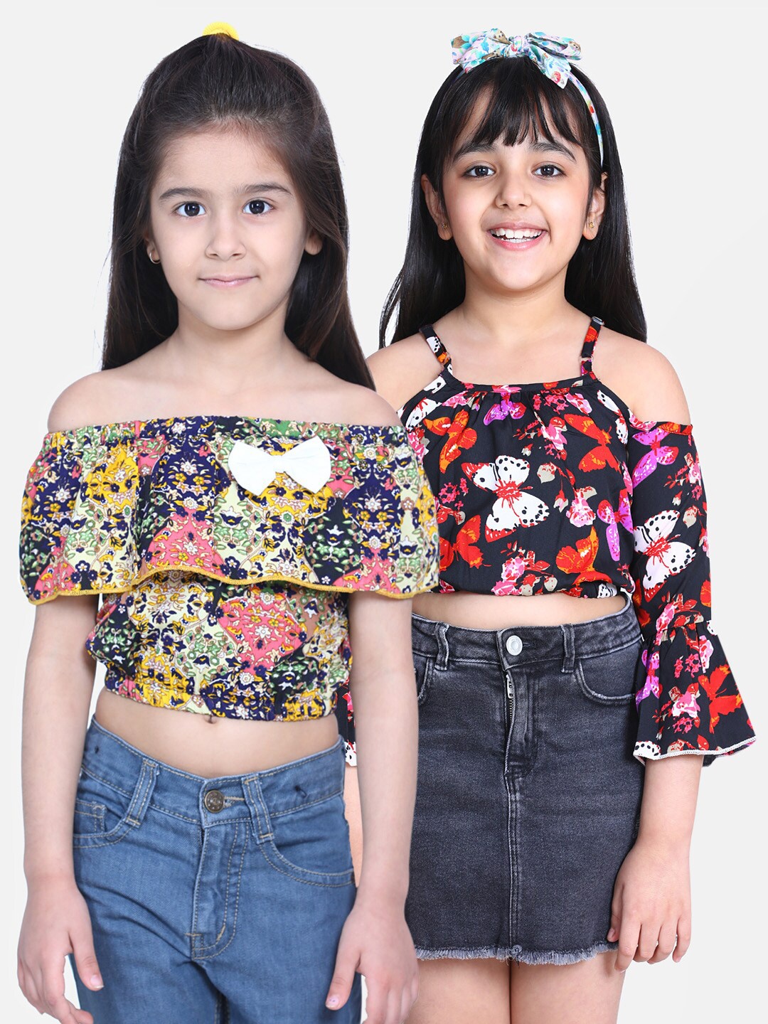 

Cutiekins Multicoloured Floral Off-Shoulder Ruffles Crepe Bardot Crop Top, Multi