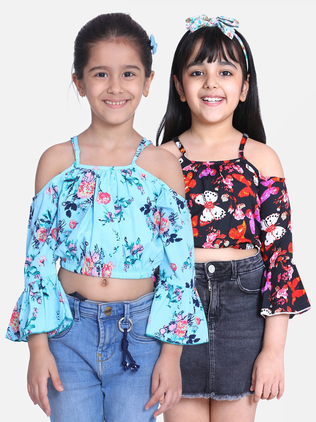

Cutiekins Blue & Black Pack Of 2 Printed Off-Shoulder Crepe Crop Top