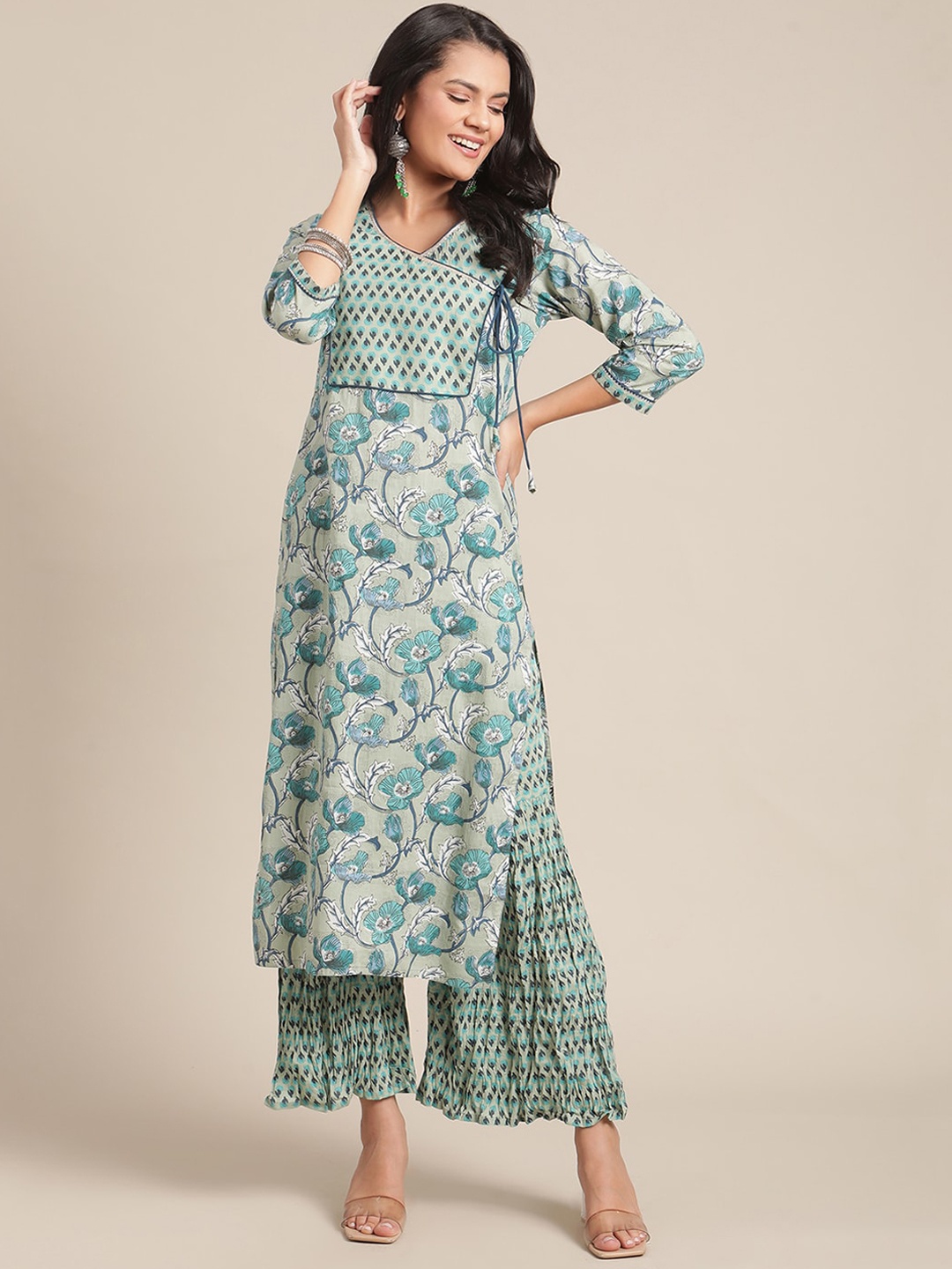 

Varanga Women Turquoise Blue Floral Printed Pure Cotton Kurta with Palazzos