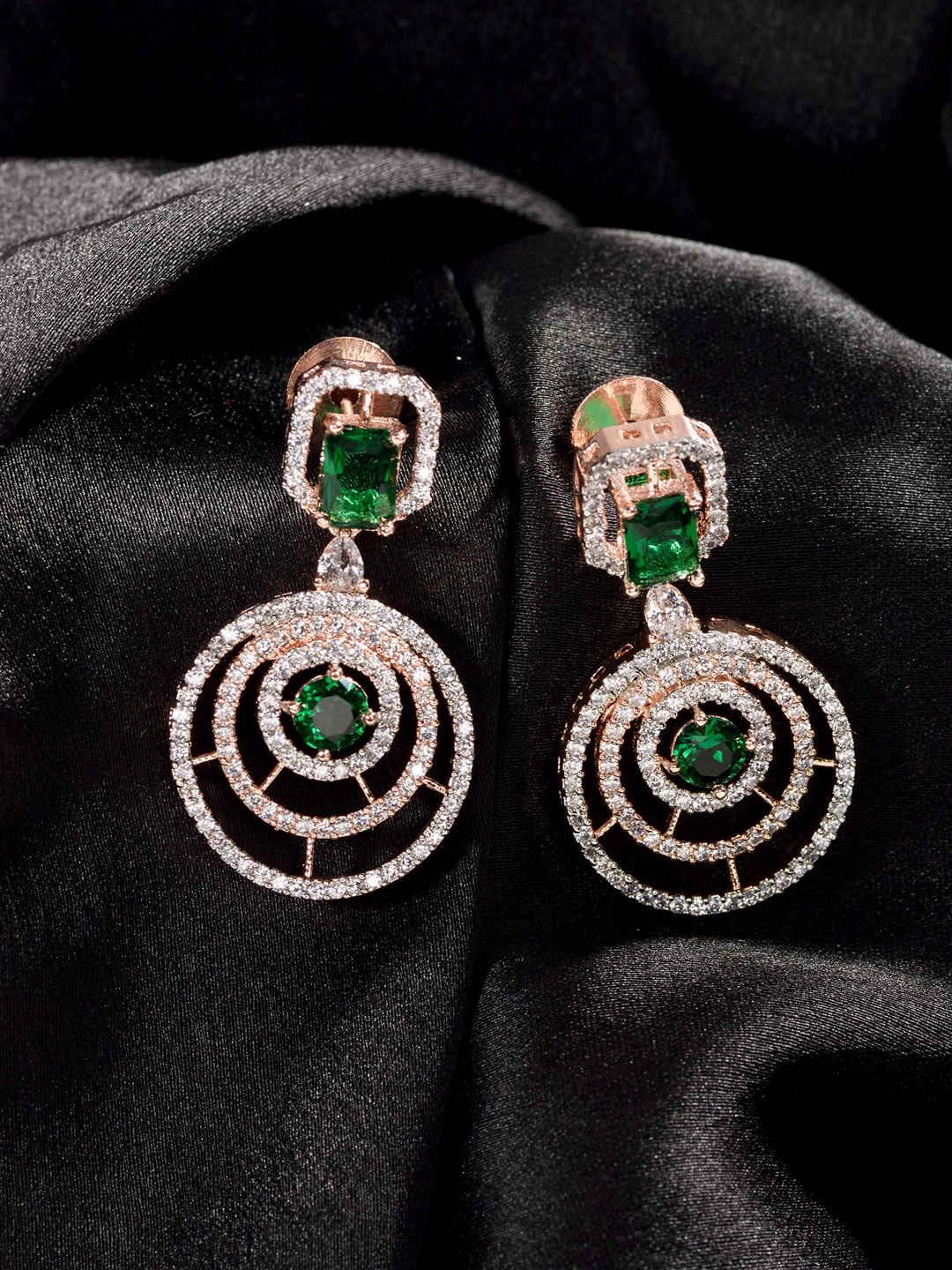 

Saraf RS Jewellery Green & White Studded Geometric Party Drop Earrings