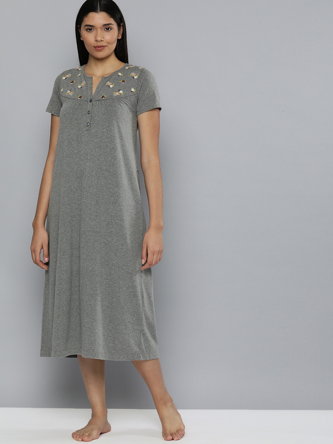 

Chemistry Grey Melange Cotton Embroidered Nightdress