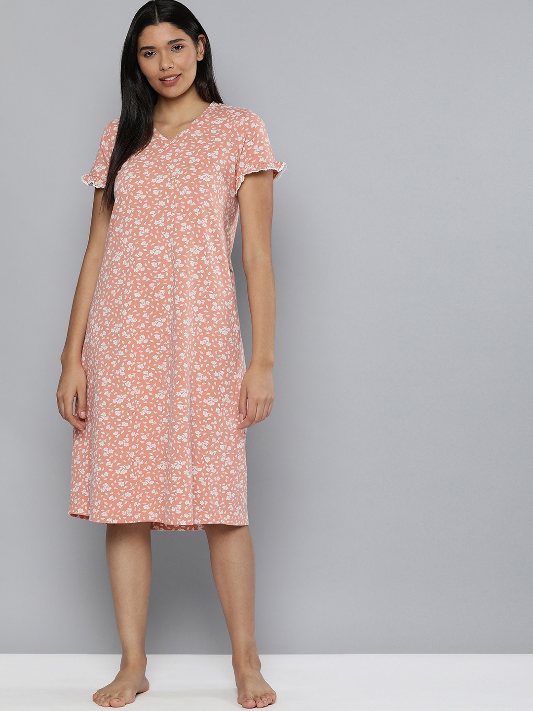 

Chemistry Peach-Coloured Printed Pure Cotton Solid Nightdress