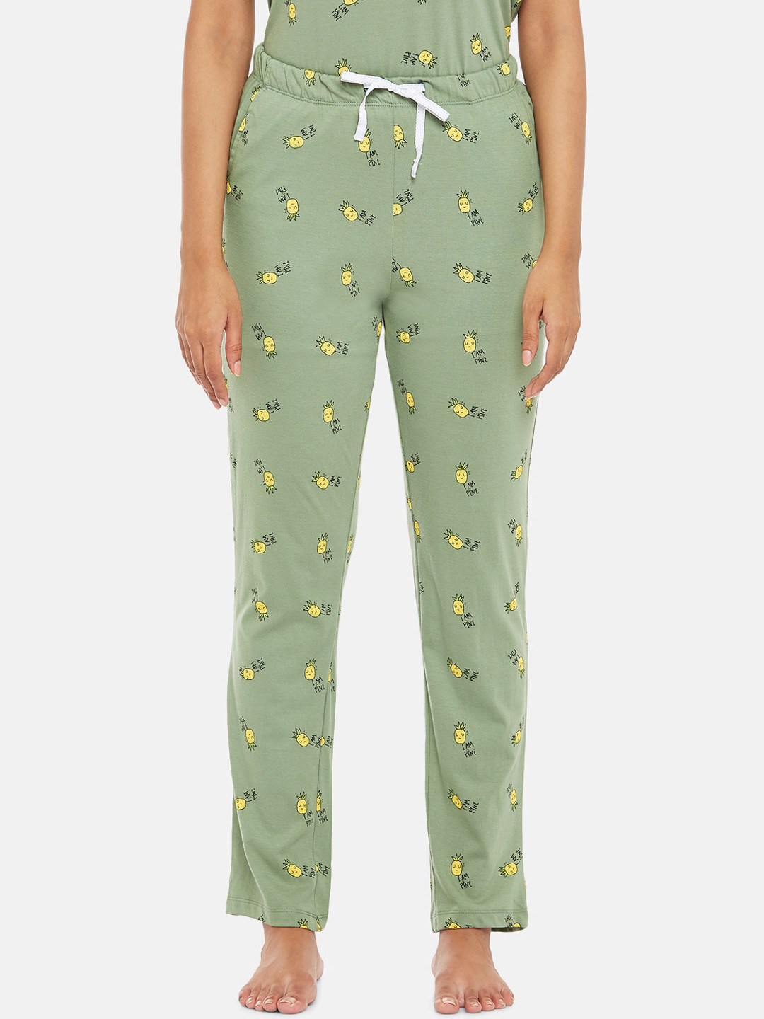 

Dreamz by Pantaloons Women Olive Green Pure Cotton Mid-Rise Printed Track Pants