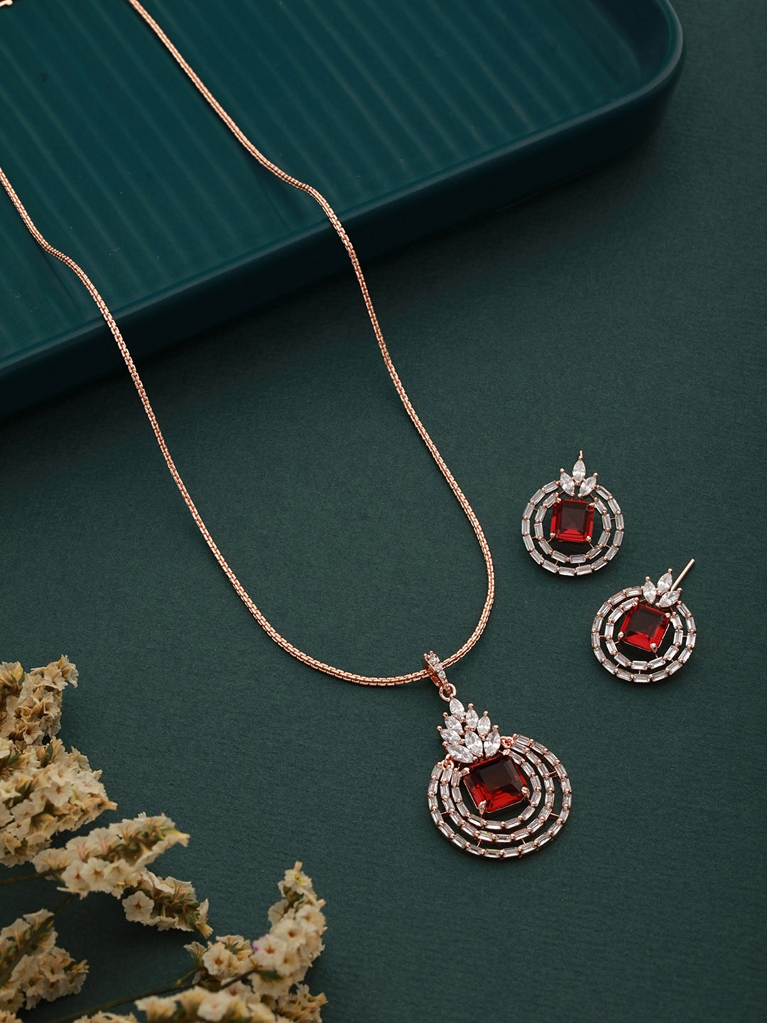 

Saraf RS Jewellery Women Rose Gold-Plated Red AD-Studded Jewellery Set