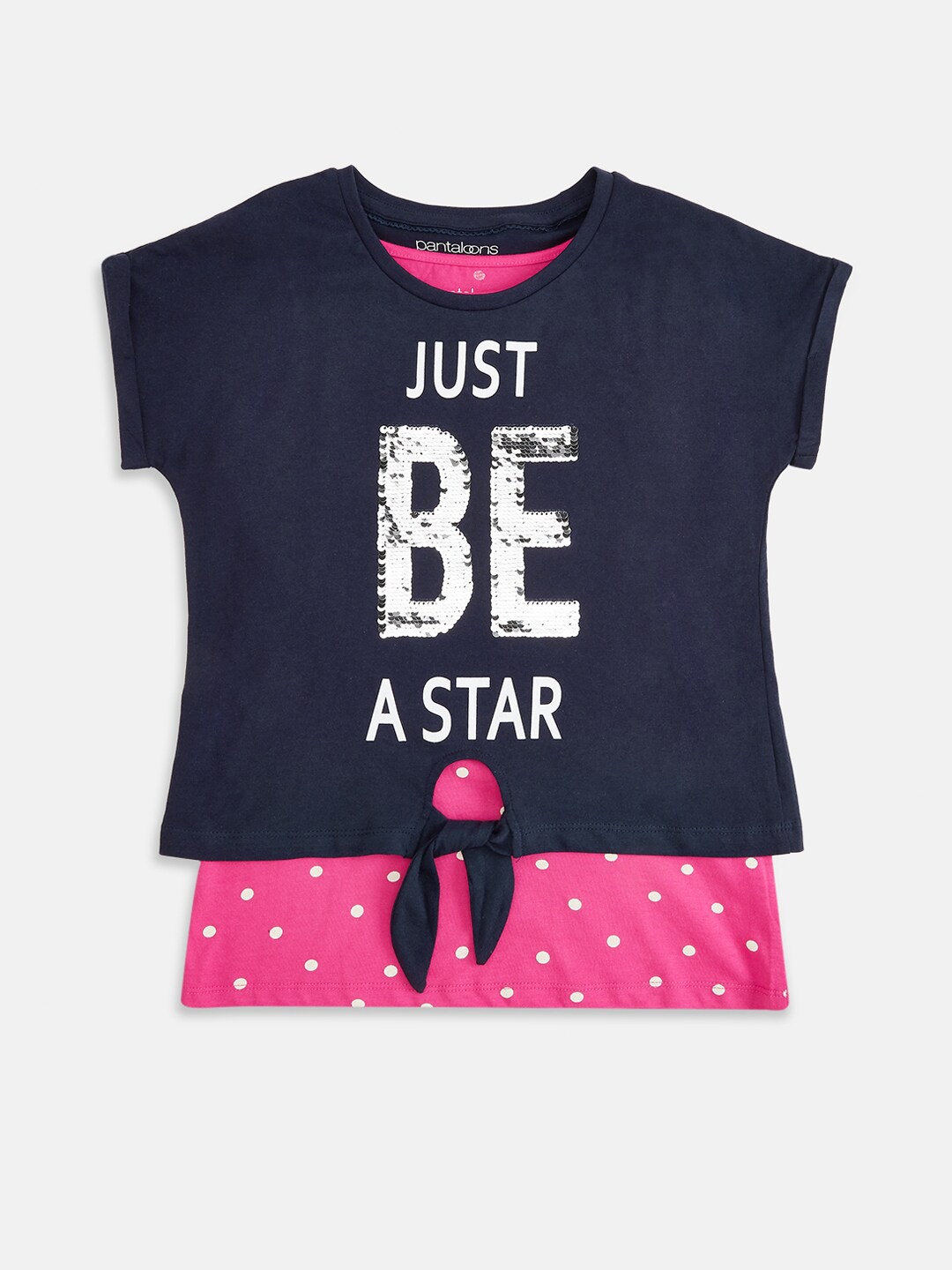 

Pantaloons Junior Girls Navy Blue Typography Printed Extended Sleeves T-shirt