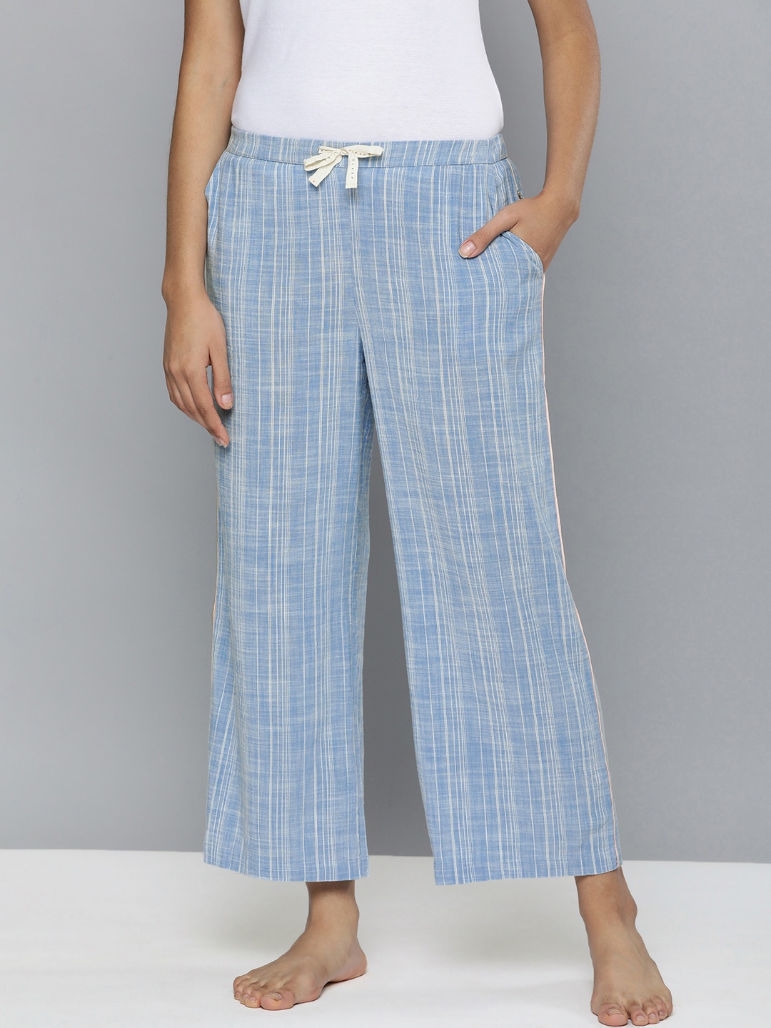 

Chemistry Women Blue Striped Cotton Textured Lounge Pants with drawstring