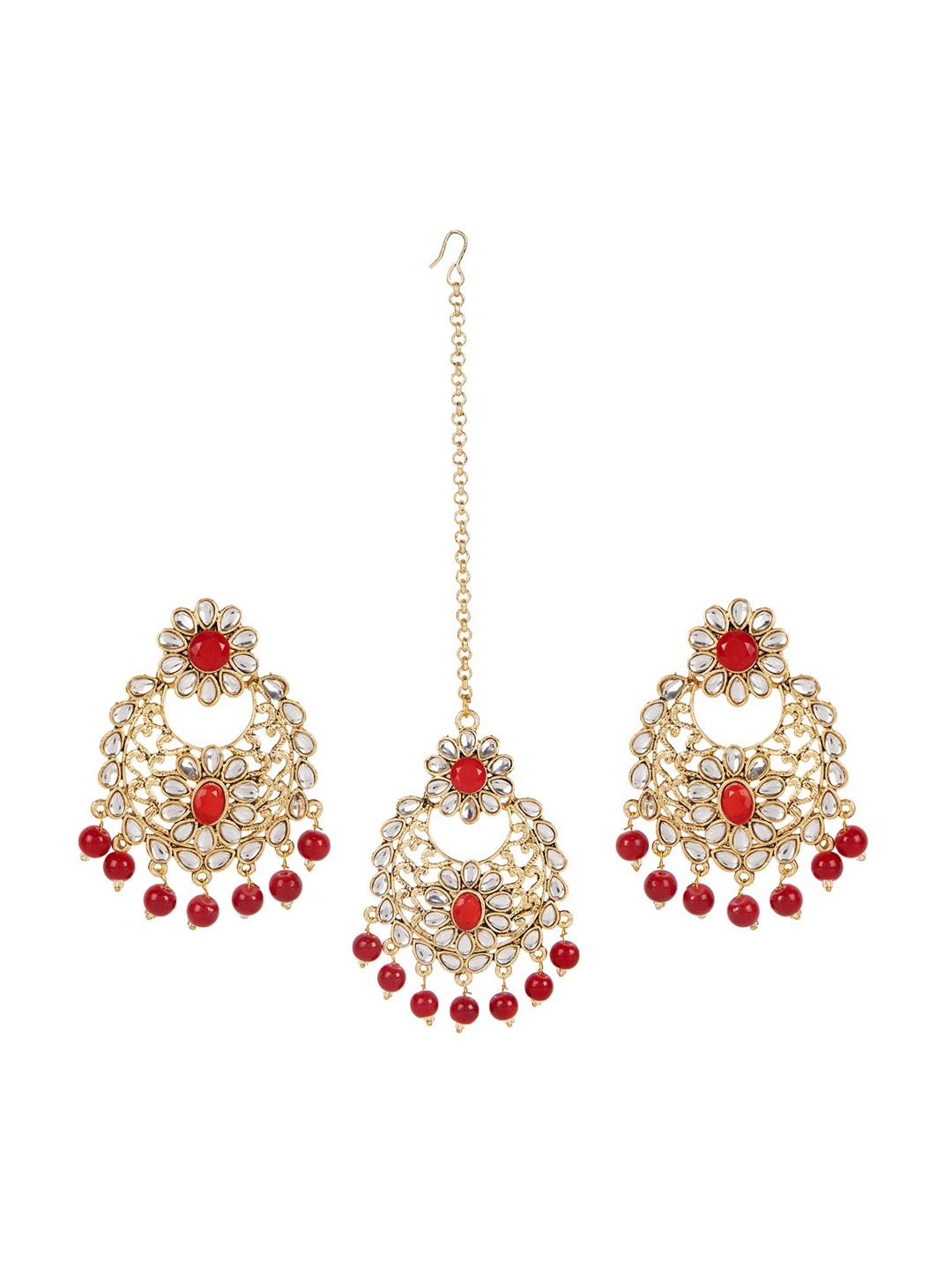 

ANIKAS CREATION Gold-Plated & Red Kundan Pearl Earring & Maangtika Set, Maroon