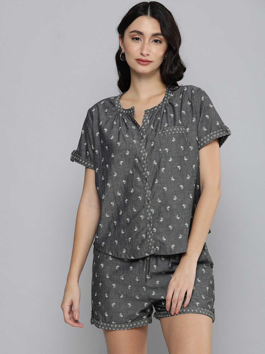 

Chemistry Women Grey Printed Cotton Night suit