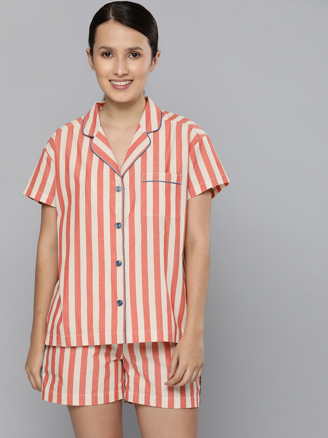 

Chemistry Women Red & White Striped Cotton Night Suit
