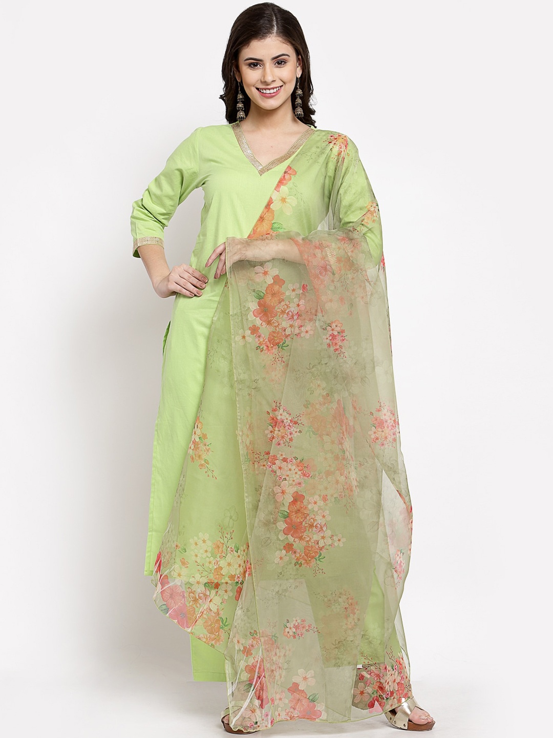 

Myshka Women Green Regular Pure Cotton Kurta with Trousers & With Dupatta