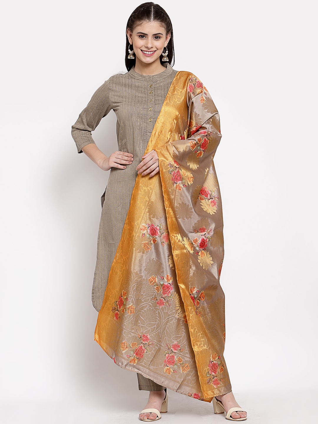 

Myshka Women Grey Striped Regular Pure Cotton Kurta with Trousers & With Dupatta