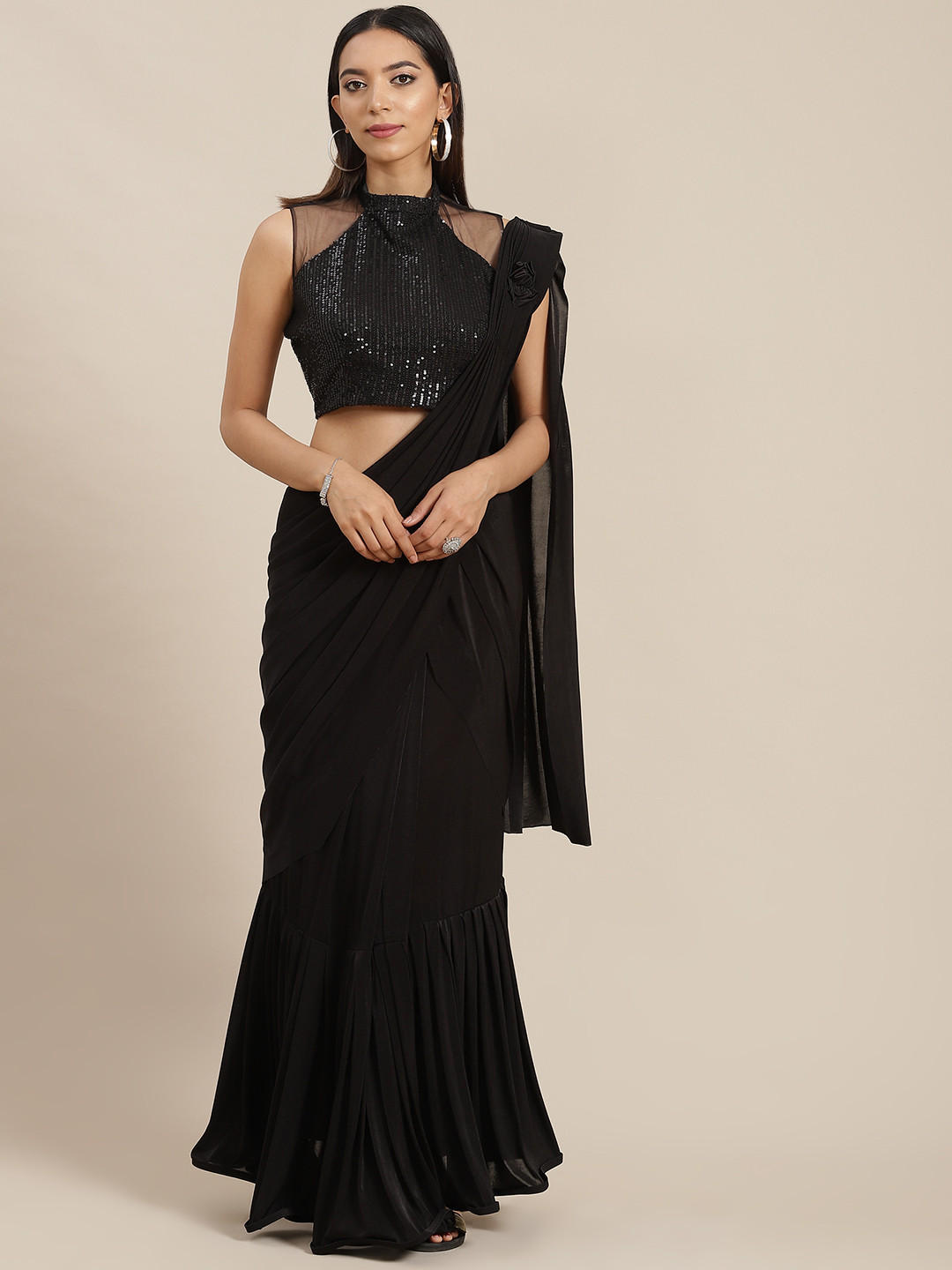 

Mitera Black Solid Ready to Wear Skirt Ruffled Saree