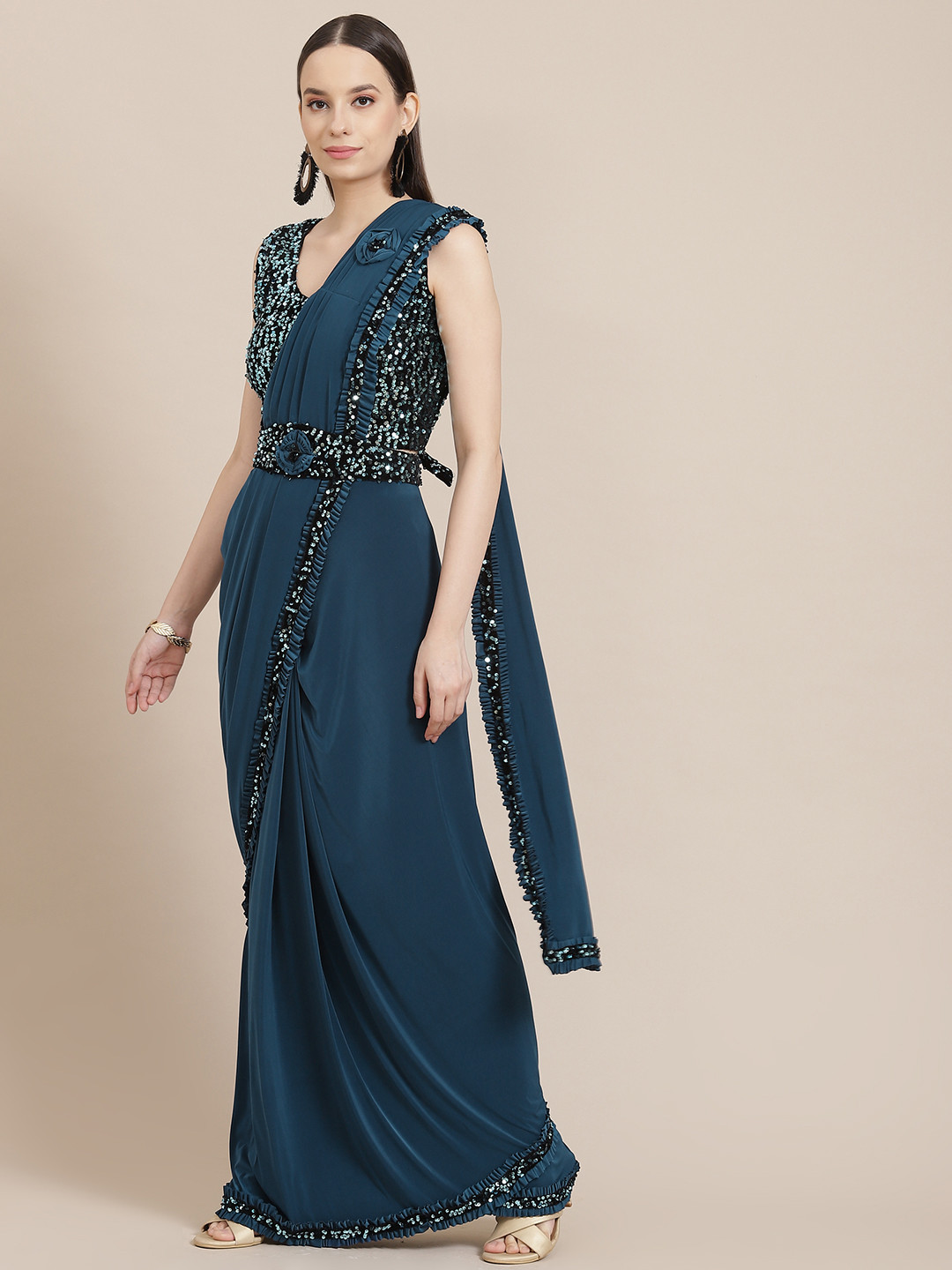 

Mitera Teal Blue Solid Sequinned Ready to Wear Saree