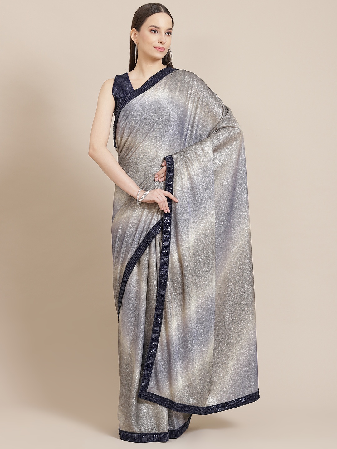 

Mitera Grey & Navy Blue Striped Sequinned Ready to Wear Saree