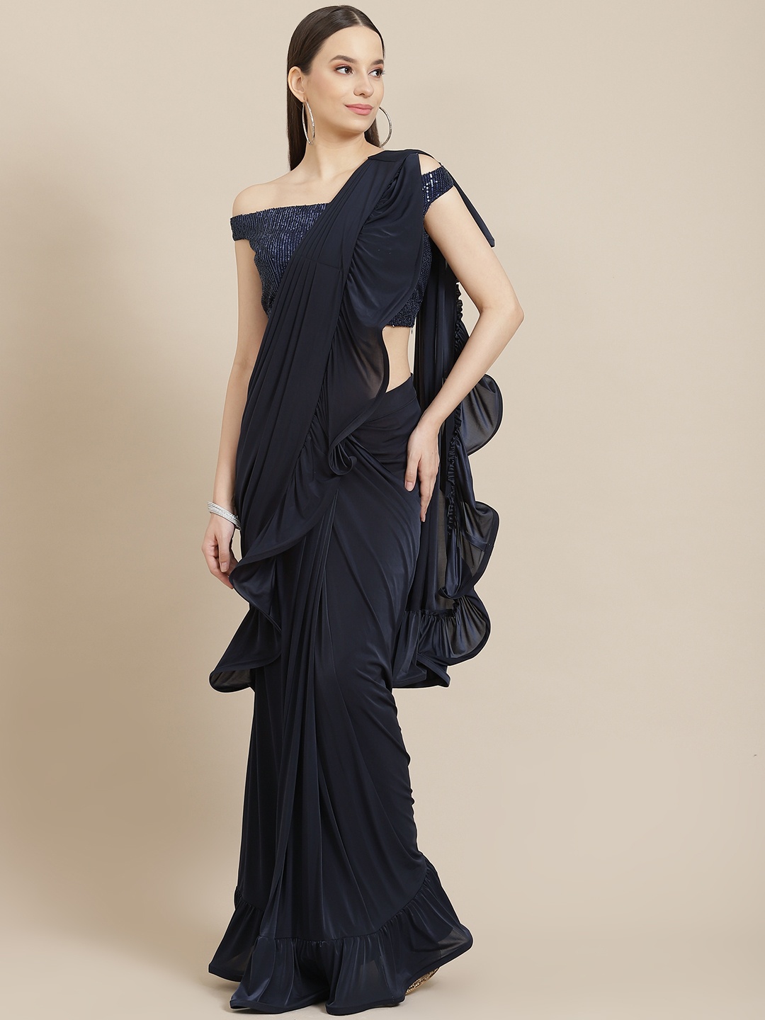 

Mitera Navy Blue Sequinned Ready to Wear Saree