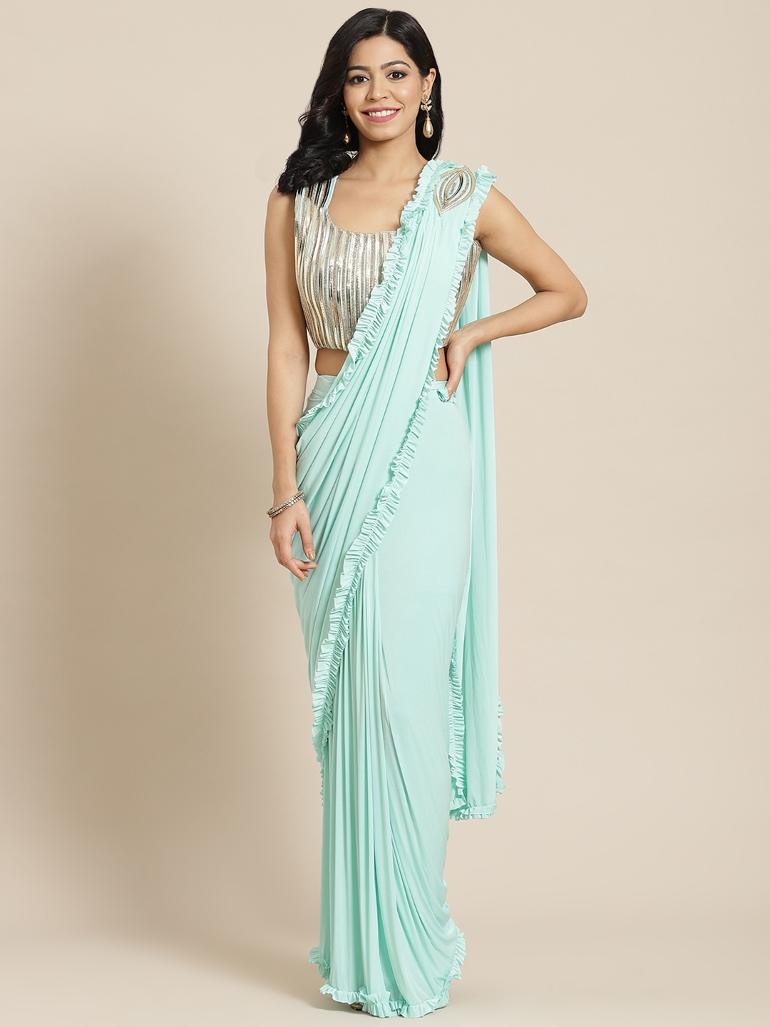 

Mitera Sea Green Embroidered Ready to Wear Saree