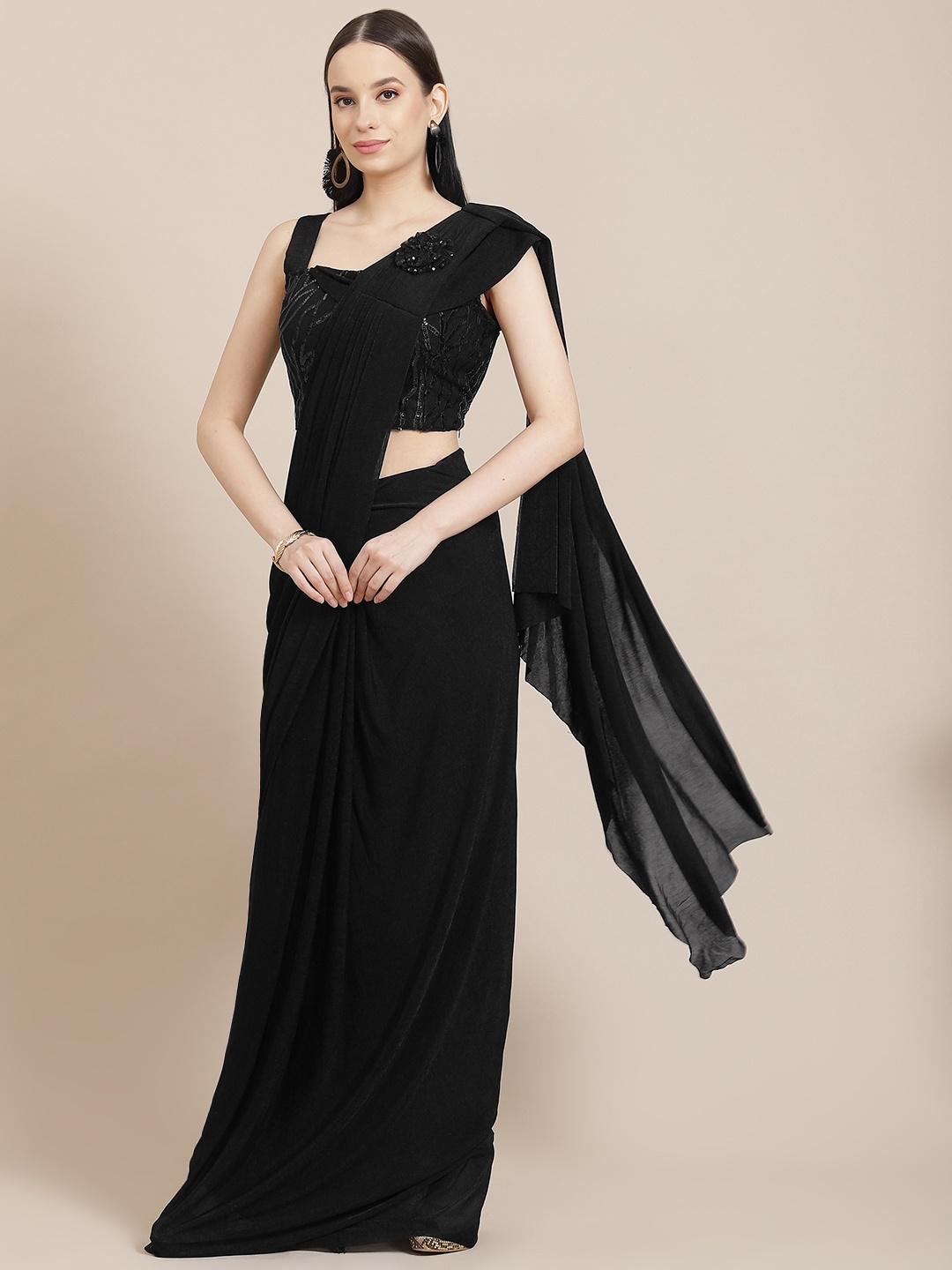 

Mitera Black Solid Sequinned Ready to Wear Saree