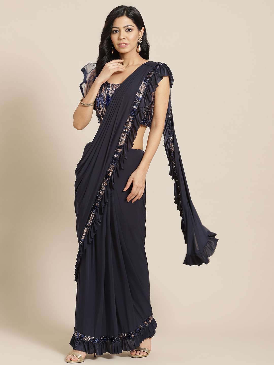 

Mitera Navy Blue Embroidered Ready to wear Ombre Sari