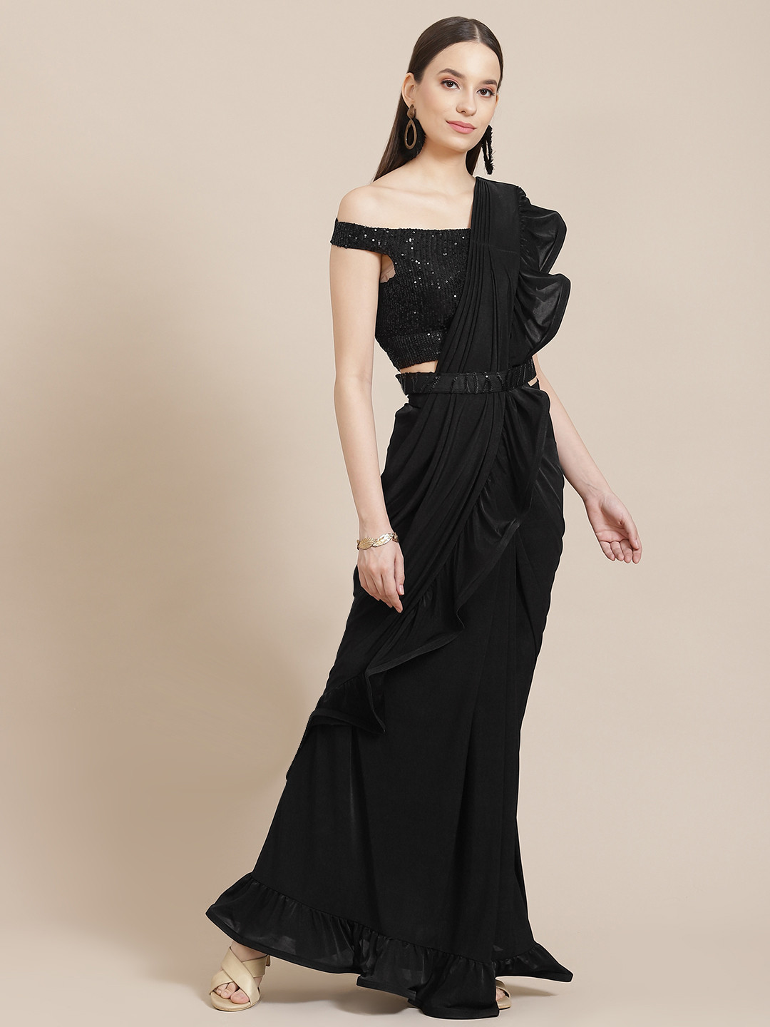 

Mitera Black Solid Sequinned Ready to Wear Saree