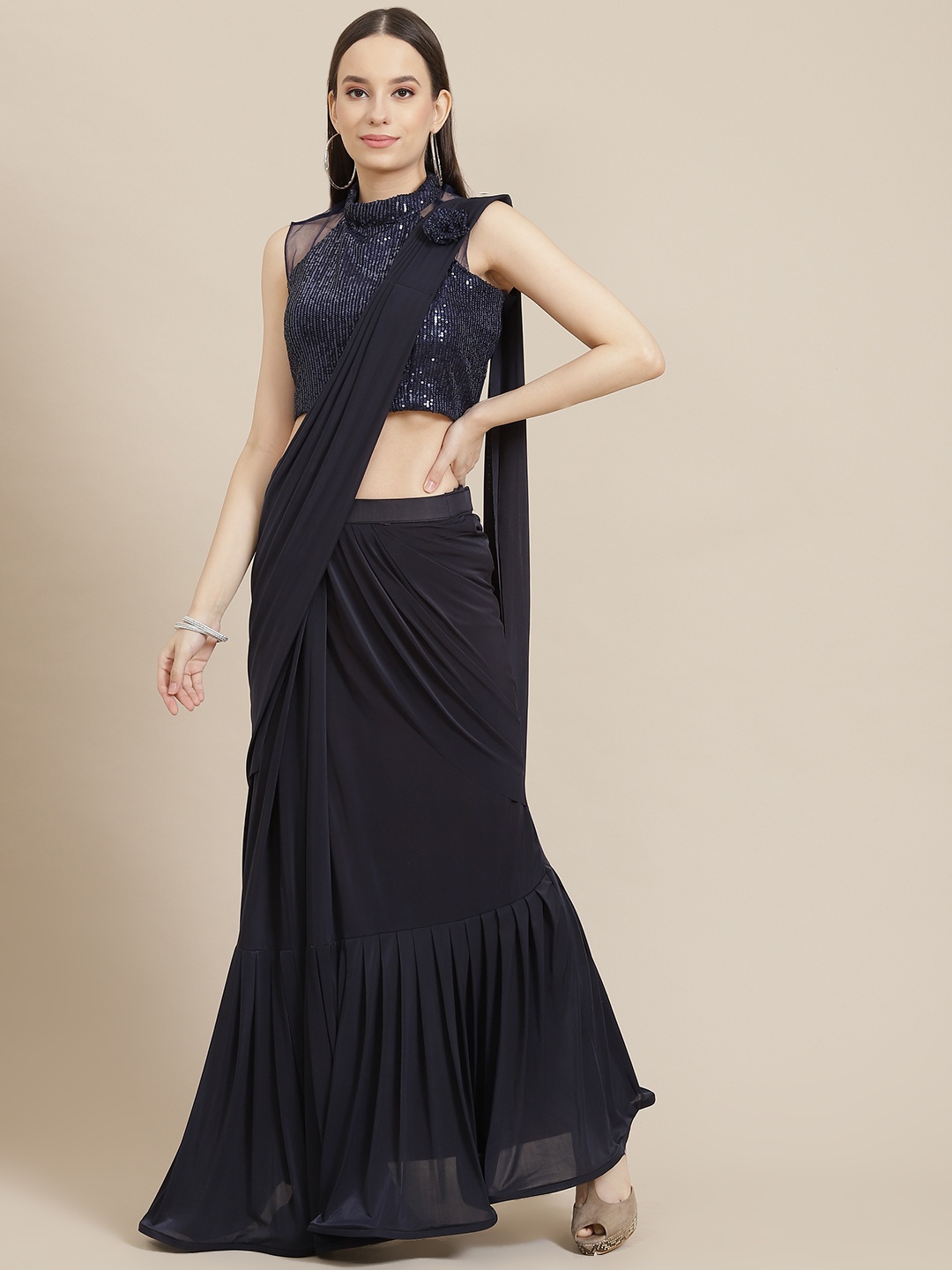 

Mitera Navy Blue Solid Sequinned Ready to Wear Saree