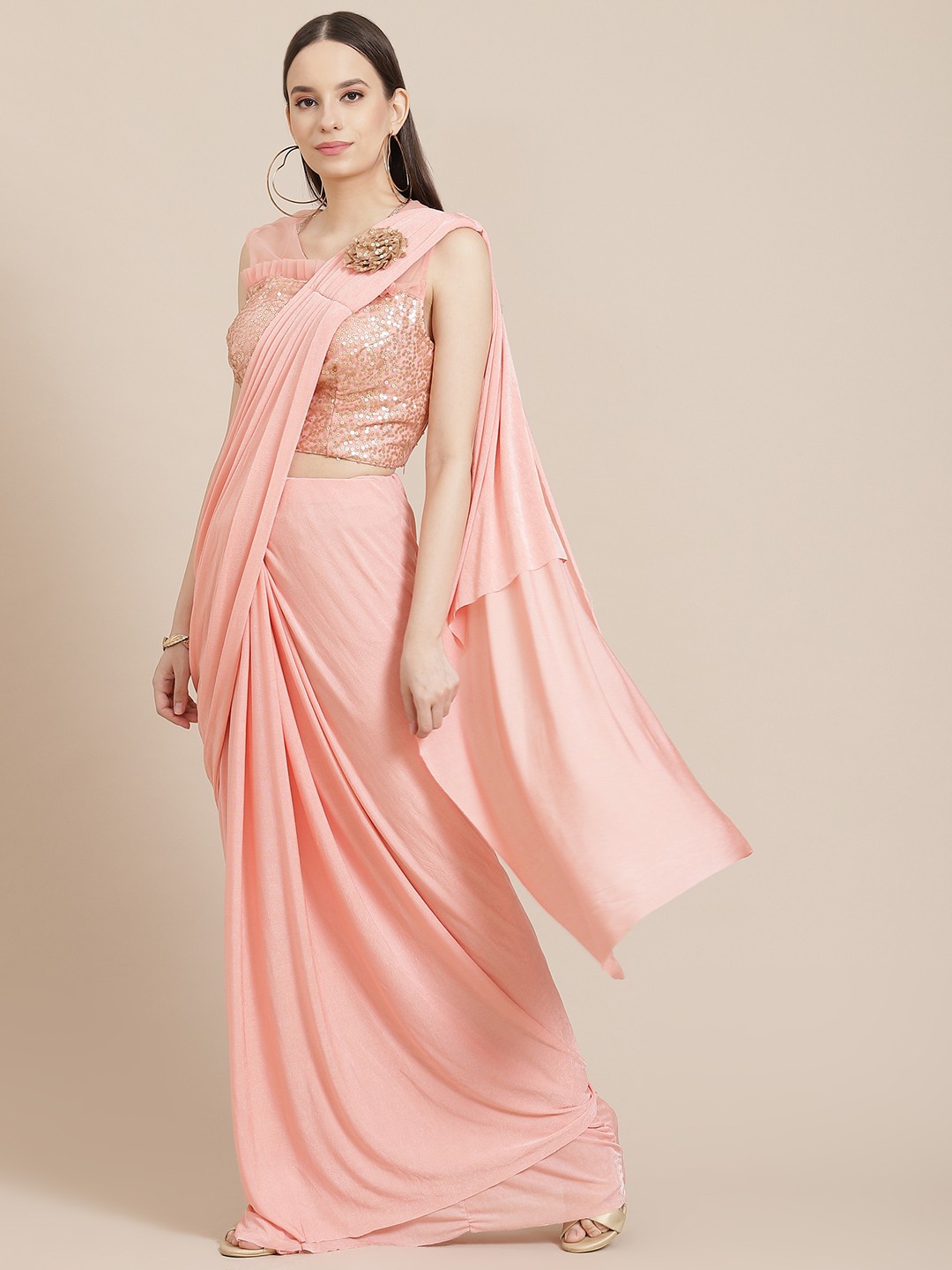 

Mitera Peach-Coloured Solid Sequinned Ready to Wear Saree