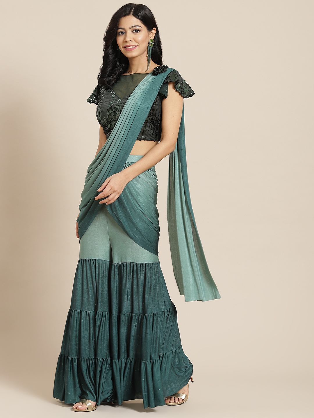 

Mitera Green Embroidered Ready to Wear Sharara Sari