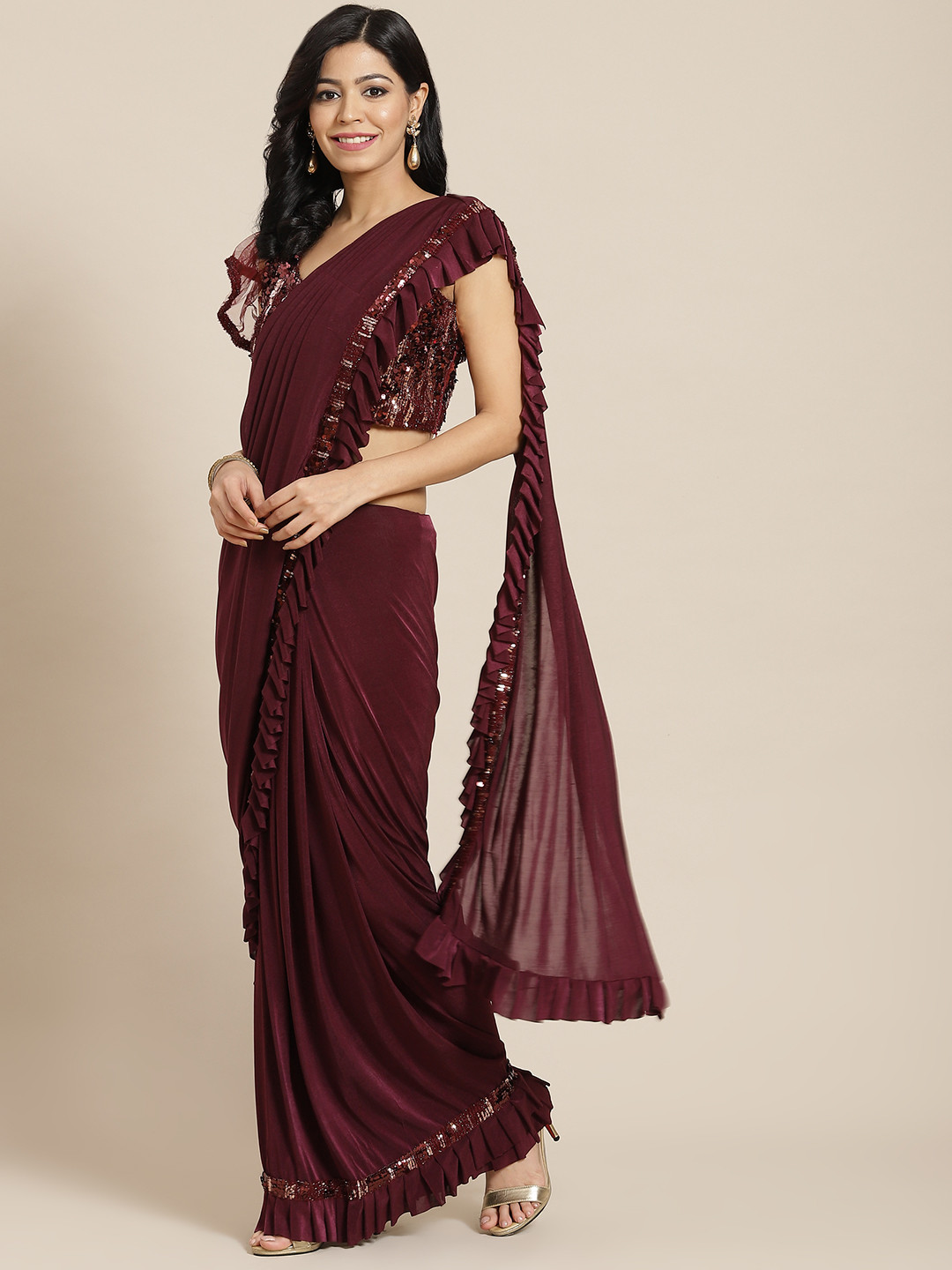 

Mitera Burgundy Embroidered Ready to Wear Saree