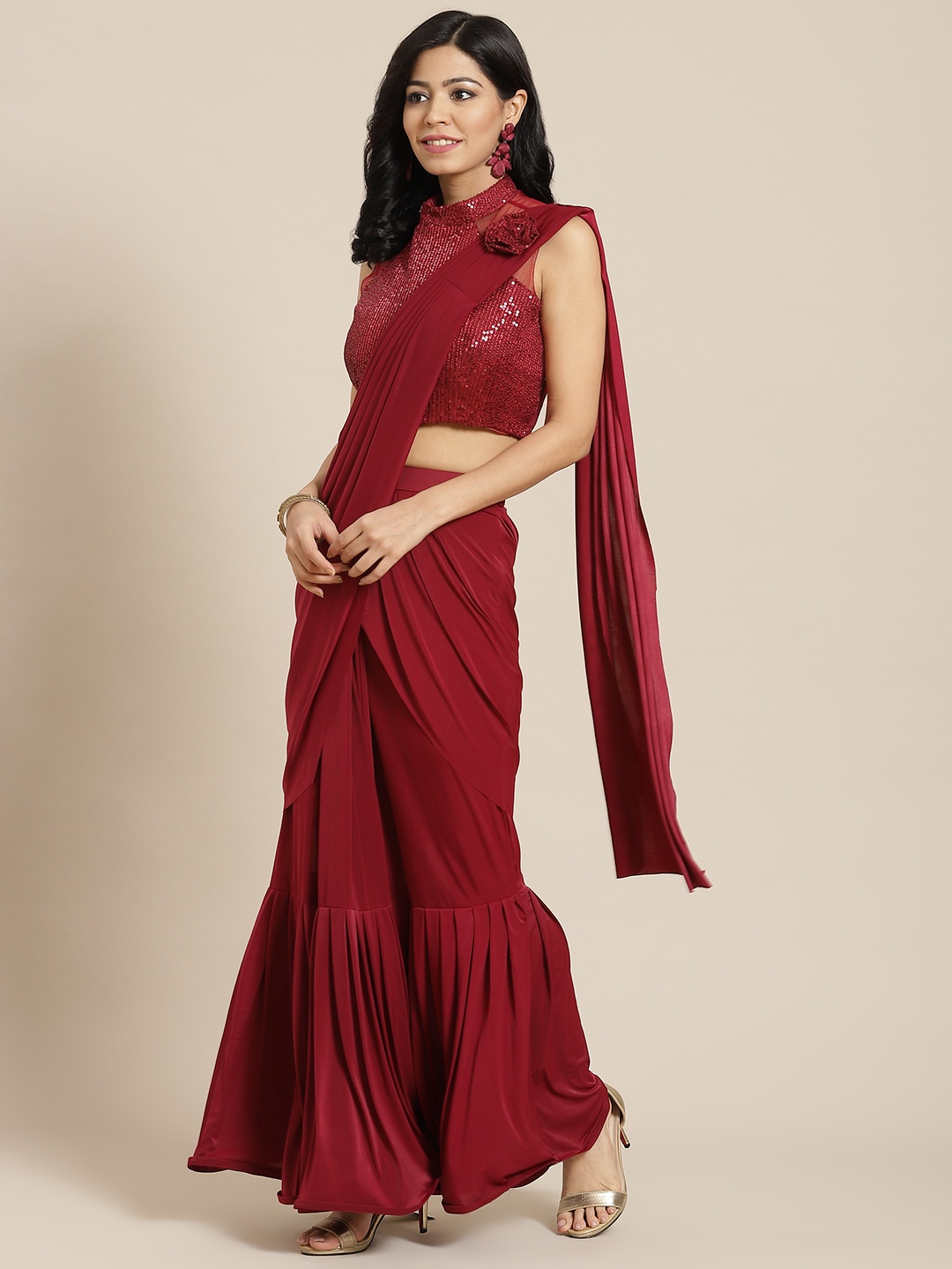 

Mitera Maroon Embroidered Ready to Wear Skirt Ruffel Sari