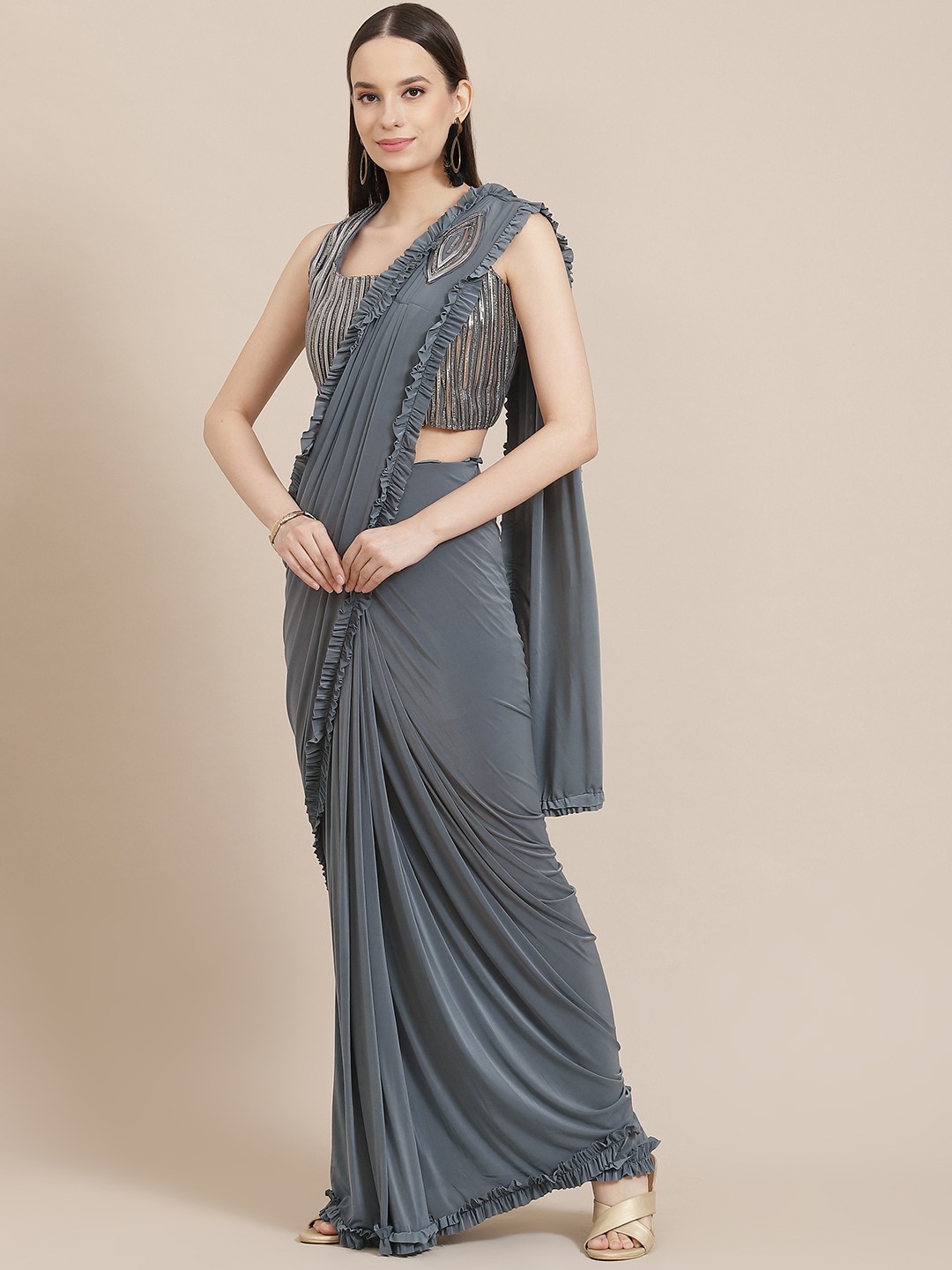 

Mitera Grey Solid Ready to Wear Saree