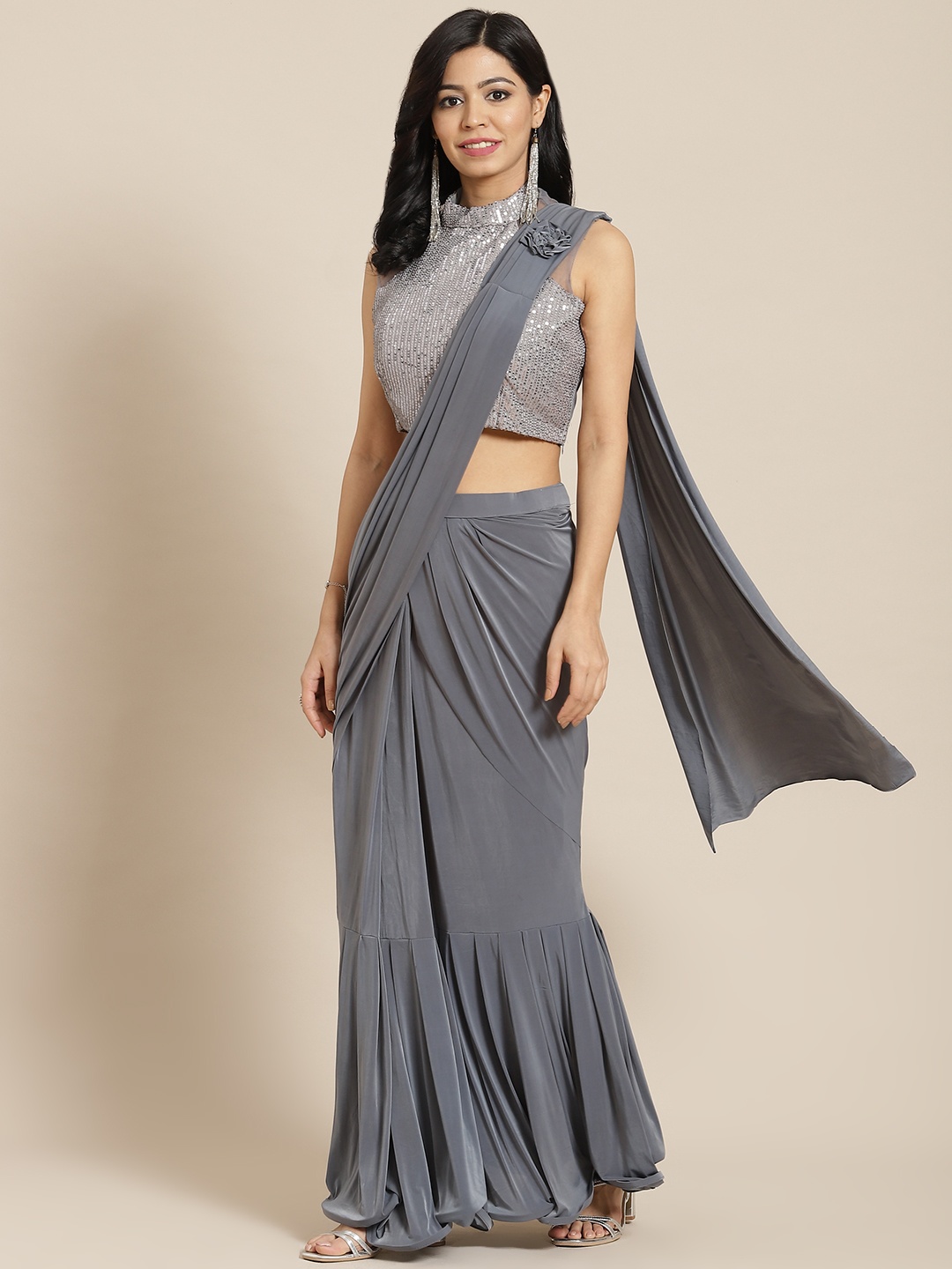 

Mitera Grey Embroidered Ready to Wear Skirt Ruffel Sari