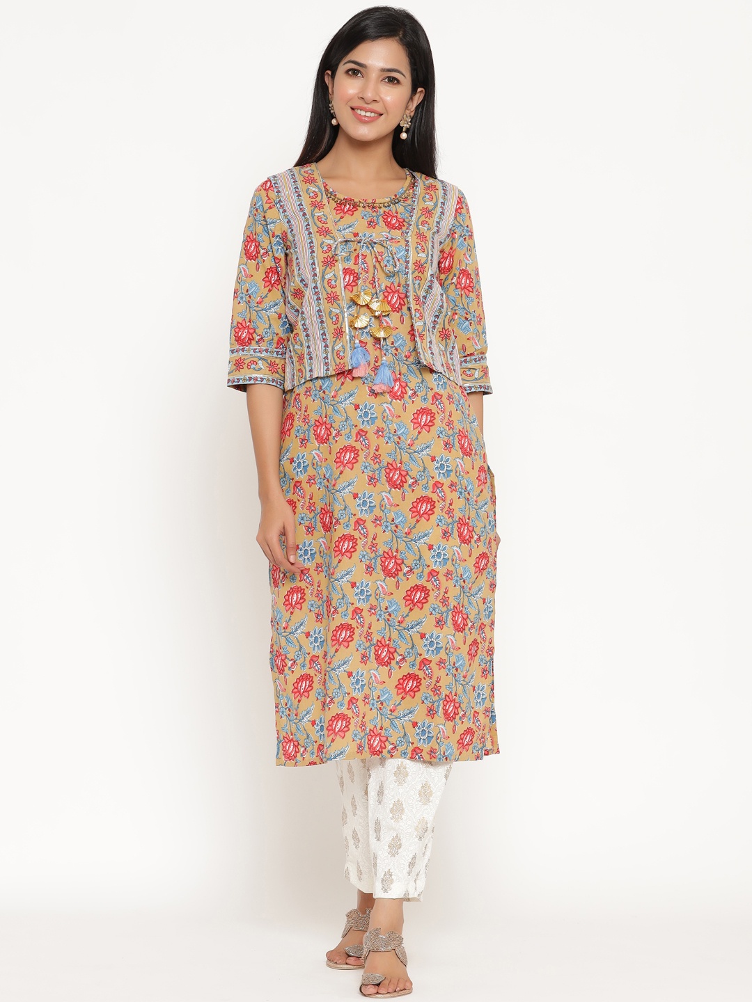 

ANAISA Women Mustard Yellow Printed Beads Work Pure Cotton Kurta with Trousers & Jacket