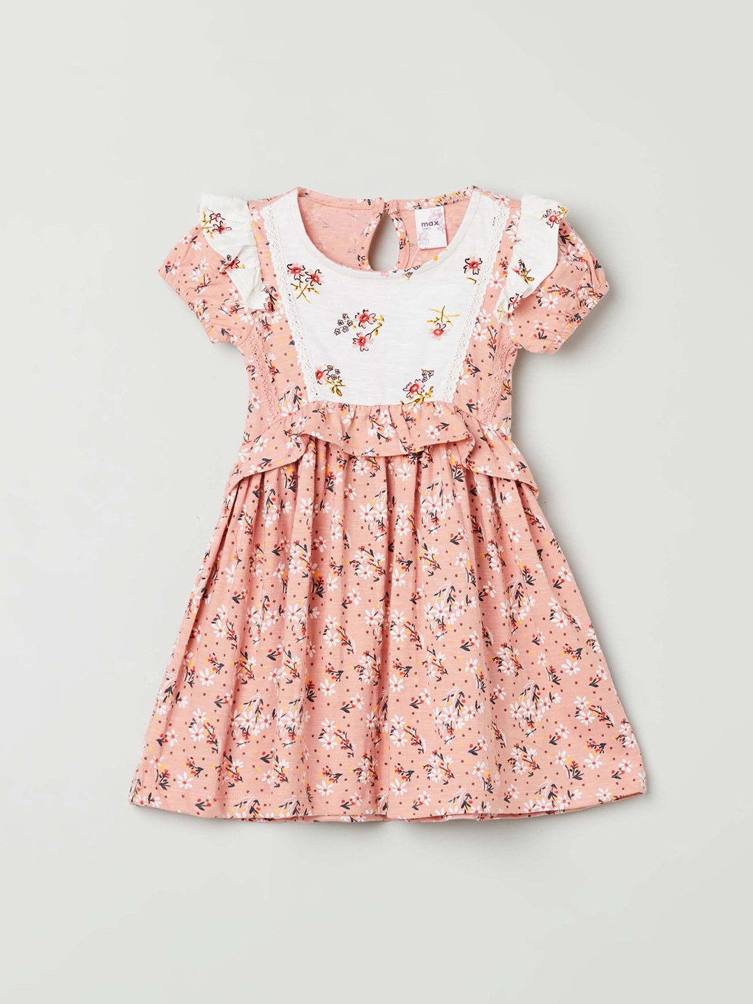 

max Girls Pink & Off White Floral Pure Cotton Dress