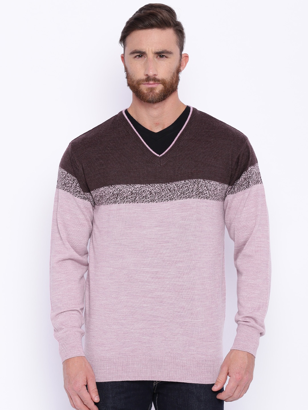 ColorPlus Men Pink & Burgundy Colourblocked Sweater