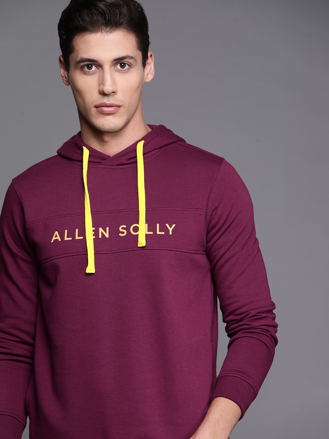 

Allen Solly Sport Men Magenta & Yellow Brand Logo Print Hooded Sweatshirt