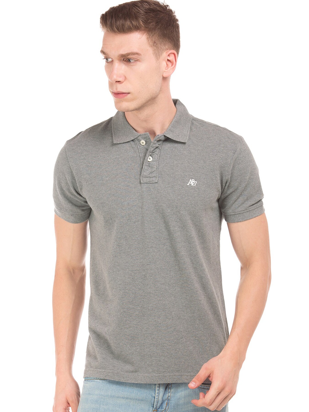 

Aeropostale Men Grey Polo Collar Pure Cotton T-shirt