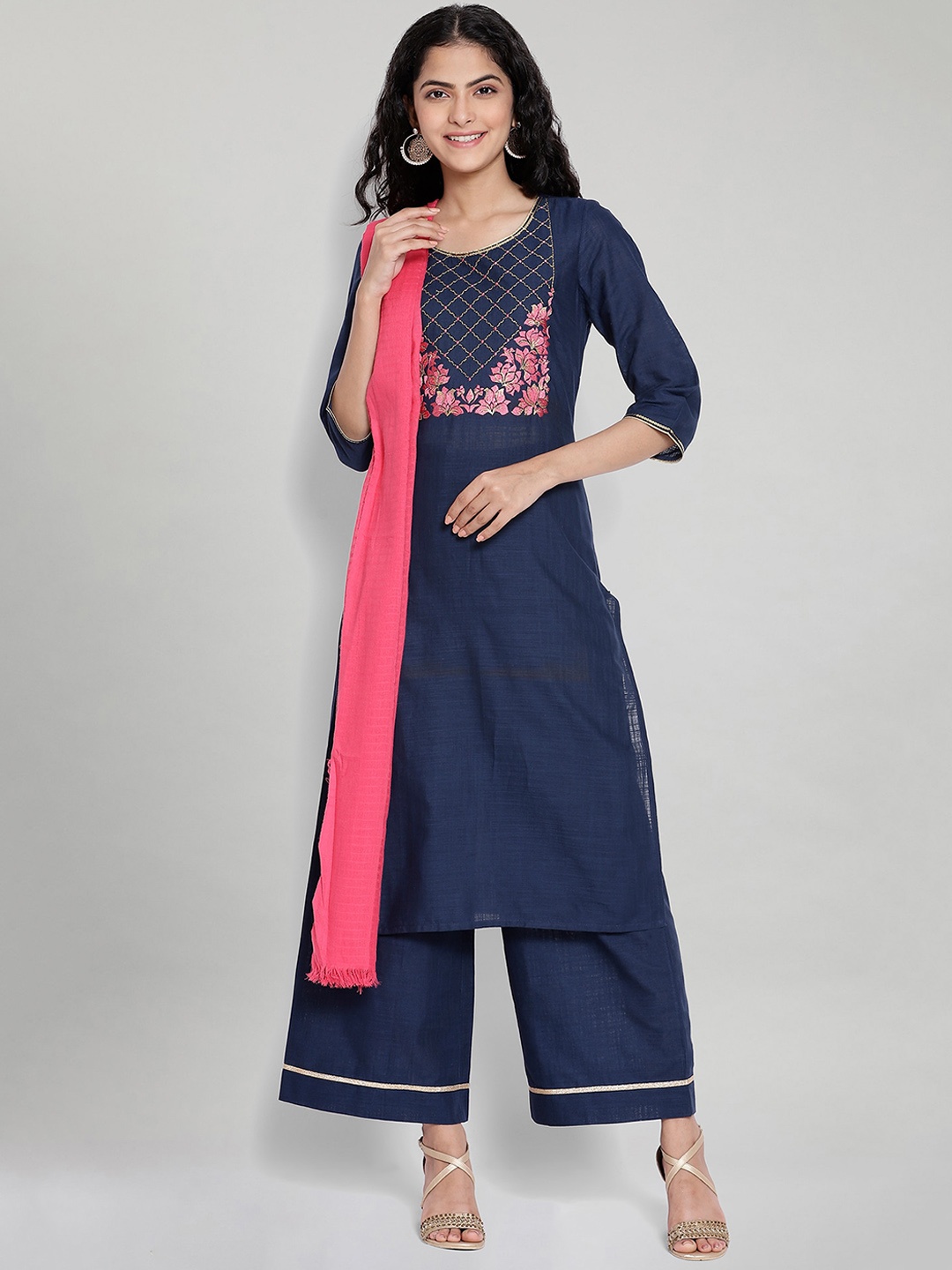 

AURELIA Women Blue Floral Yoke Design Regular Pure Cotton Kurta with Salwar & With Dupatta