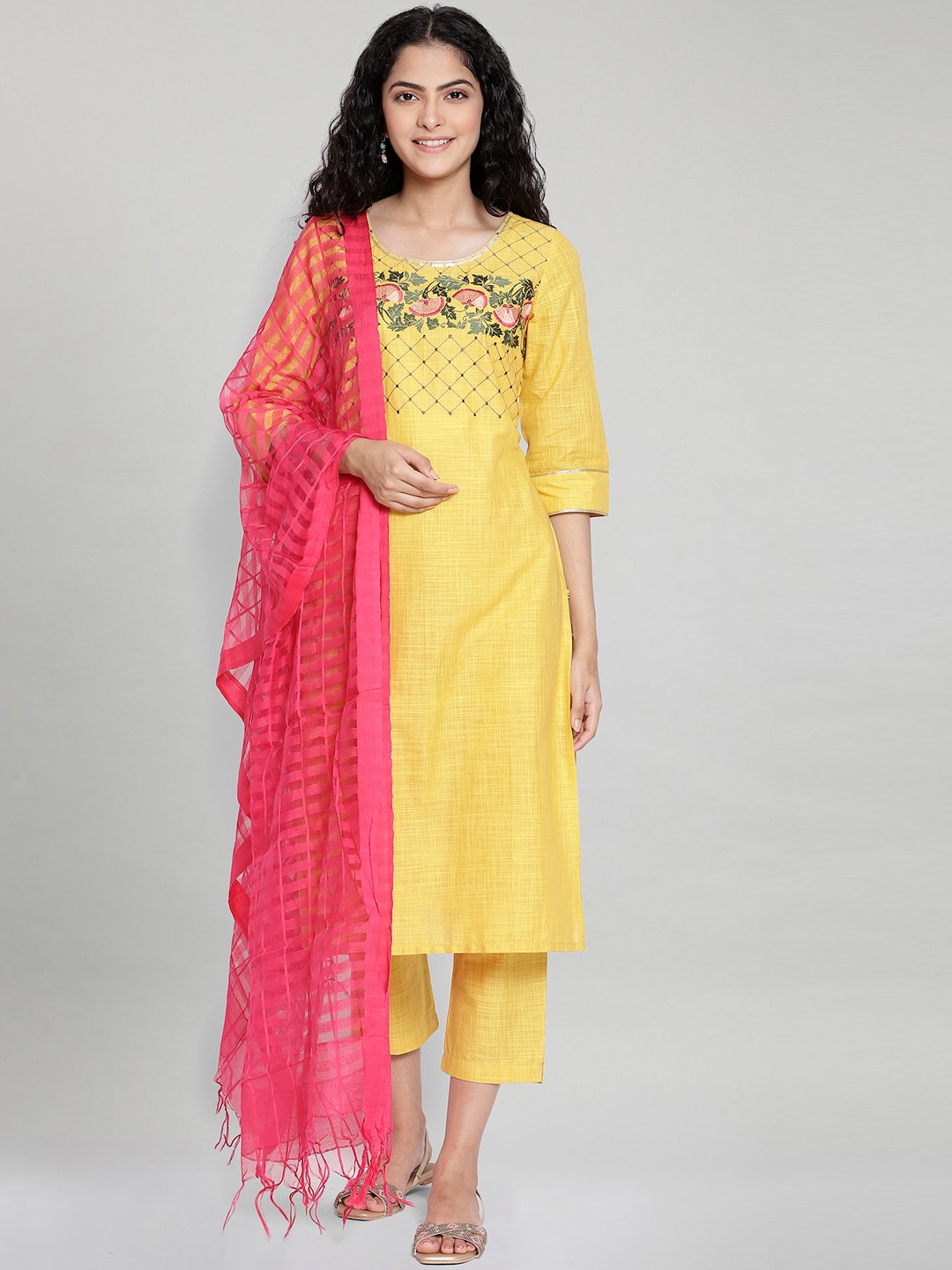 

AURELIA Women Yellow & Pink Floral Yoke Design Pure Cotton Kurta with Trousers & Dupatta