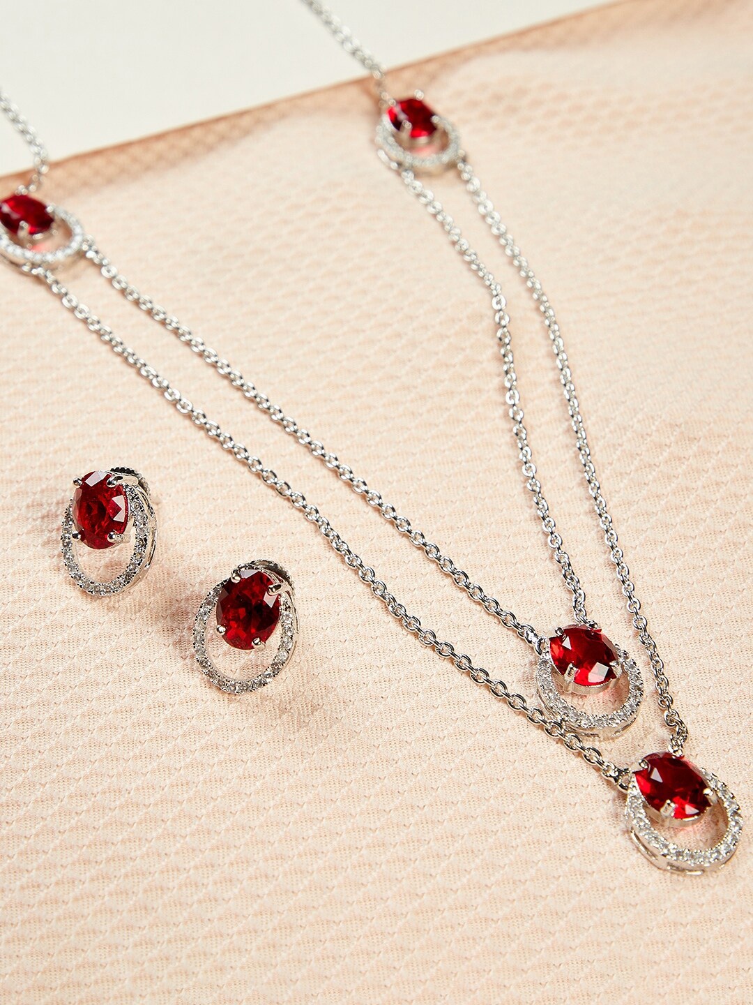 

GloBox By ZeroKaata Rhodium-Plated Red AD-Studded Handcrafted Jewellery Set, Silver