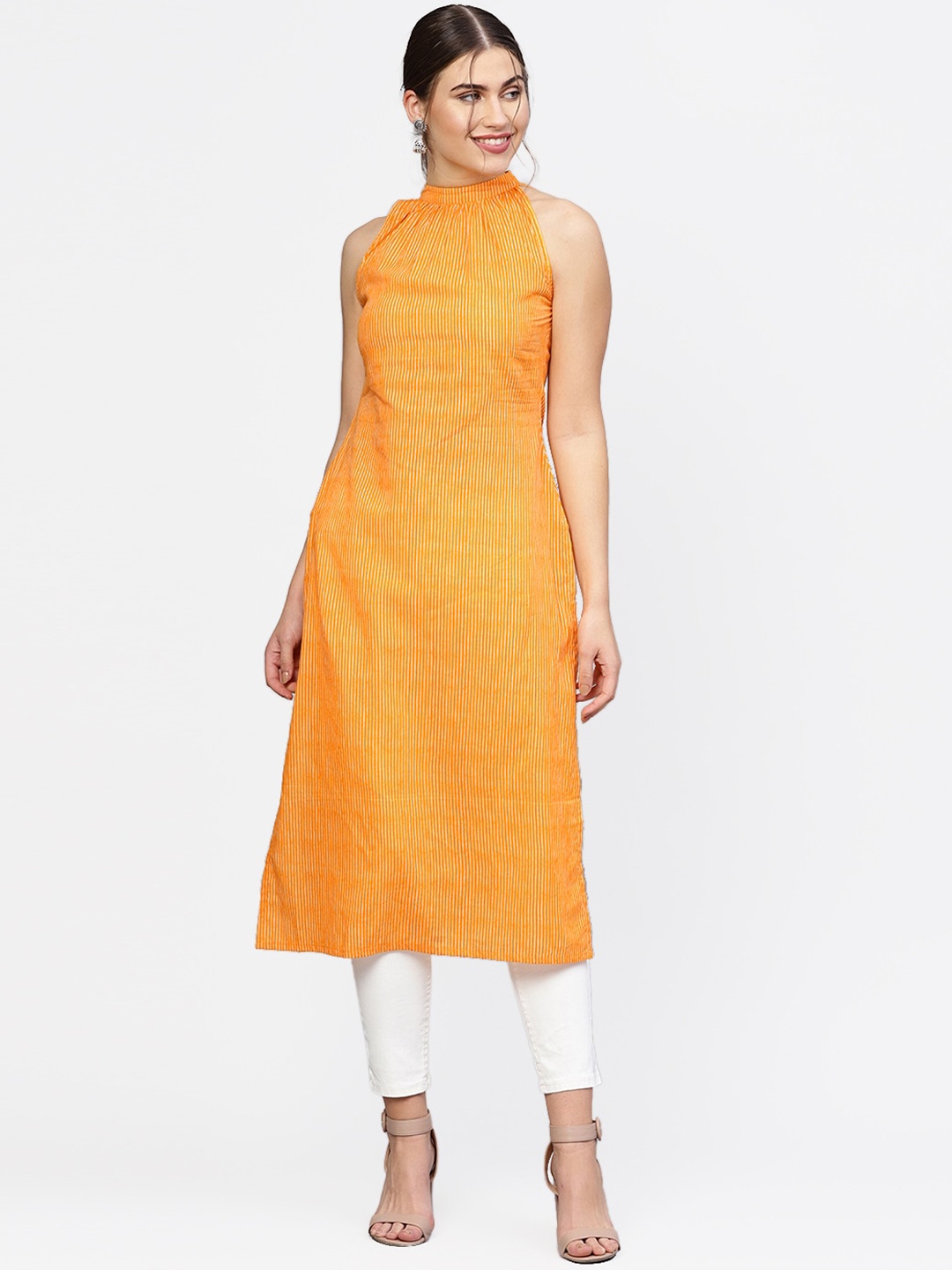 

Nayo Women Orange & White Striped Halter Neck Cotton Straight Kurta