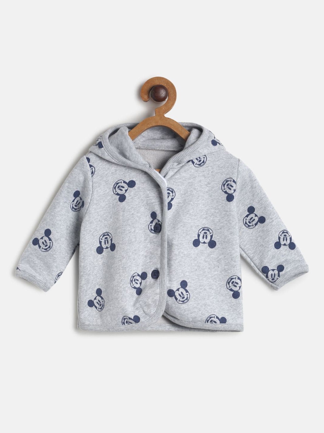 

MINI KLUB Boys Grey Pure Cotton Mickey Mouse Printed Hooded Open Jacket