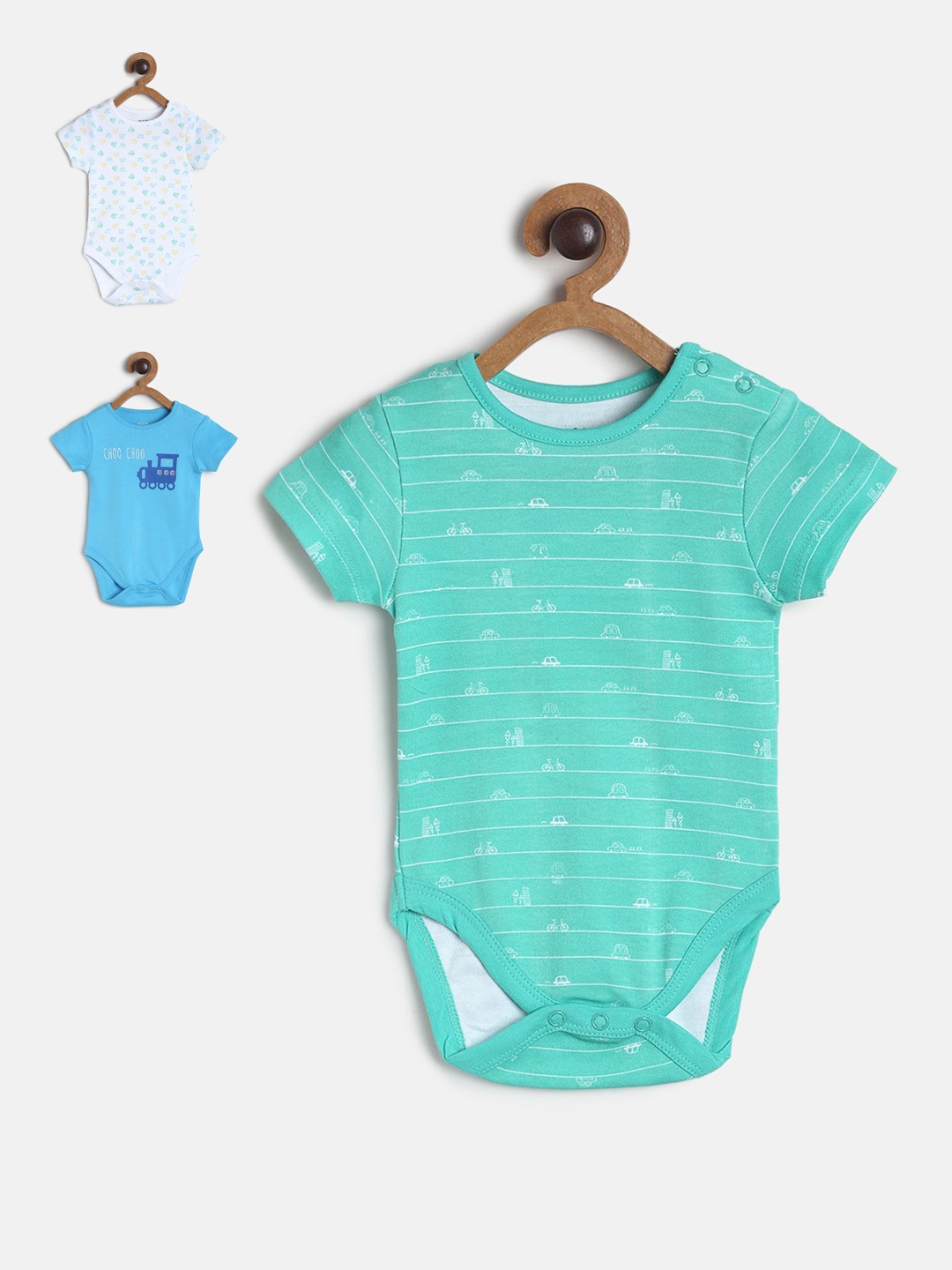 

MINI KLUB Infant Boys Pack Of 3 Printed Pure Cotton Bodysuits, Sea green