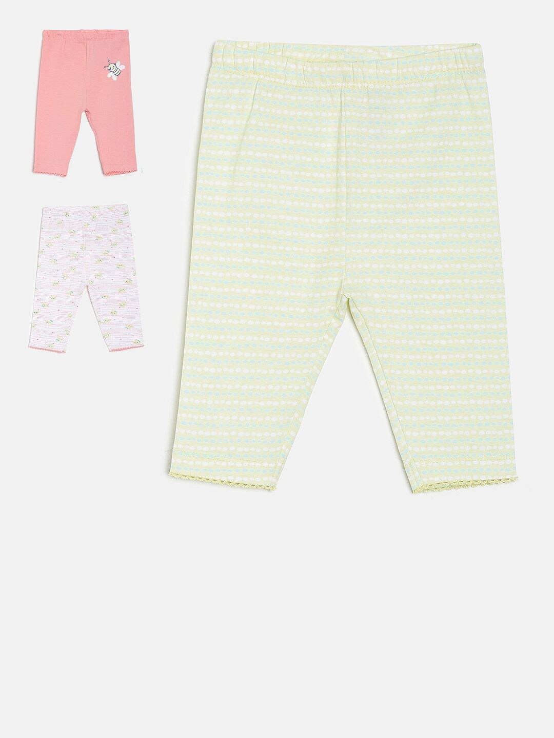 

MINI KLUB Girls Pack of 3 Striped Pure Cotton Capris, Pink