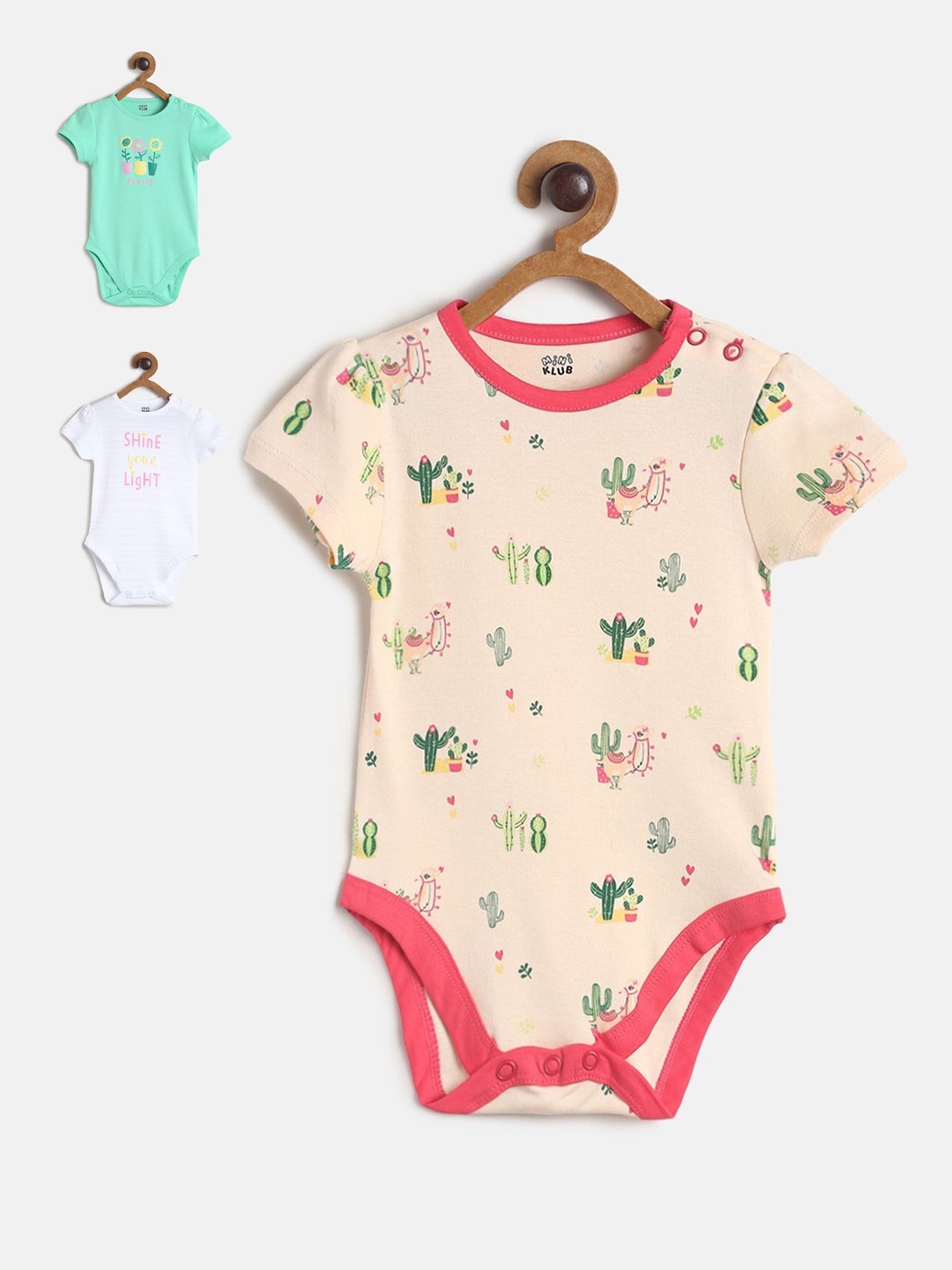 

MINI KLUB Infant Girls Pack Of 3 Printed Pure Cotton Bodysuits, White