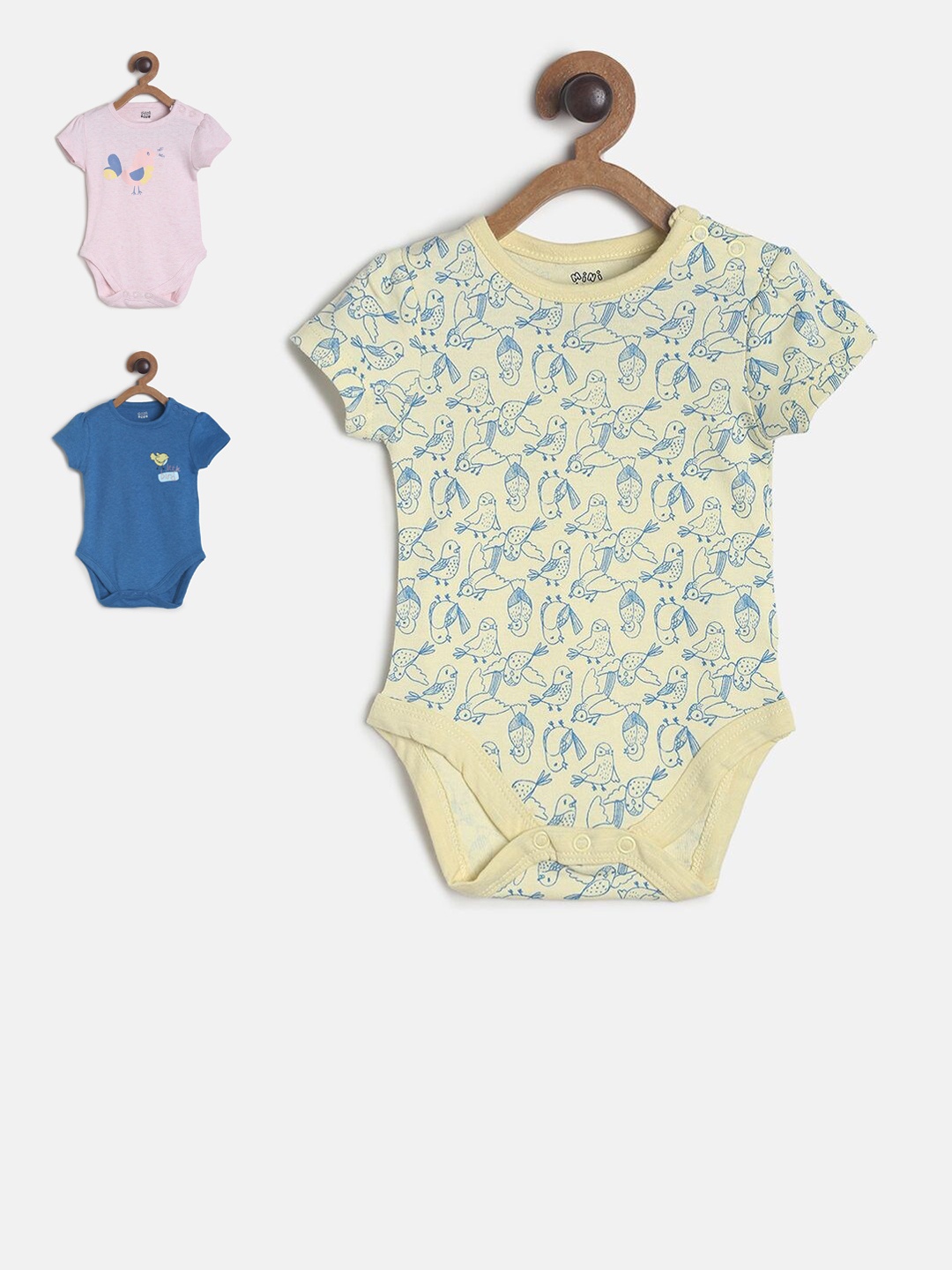 

MINI KLUB Infant Girls Pack Of 3 Printed Pure Cotton Bodysuits, Yellow