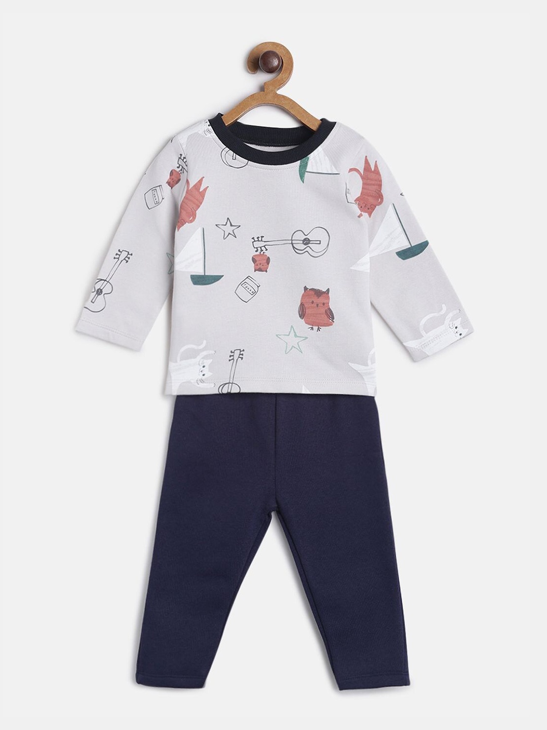 

MINI KLUB Boys Pack of 2 Grey & Navy Blue Printed T-shirts with Trousers