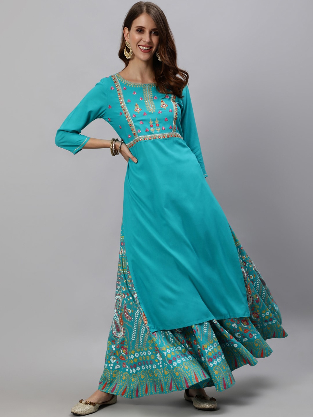 

Anubhutee Women Blue Floral Embroidered Empire Sequinned Kurta with Skirt